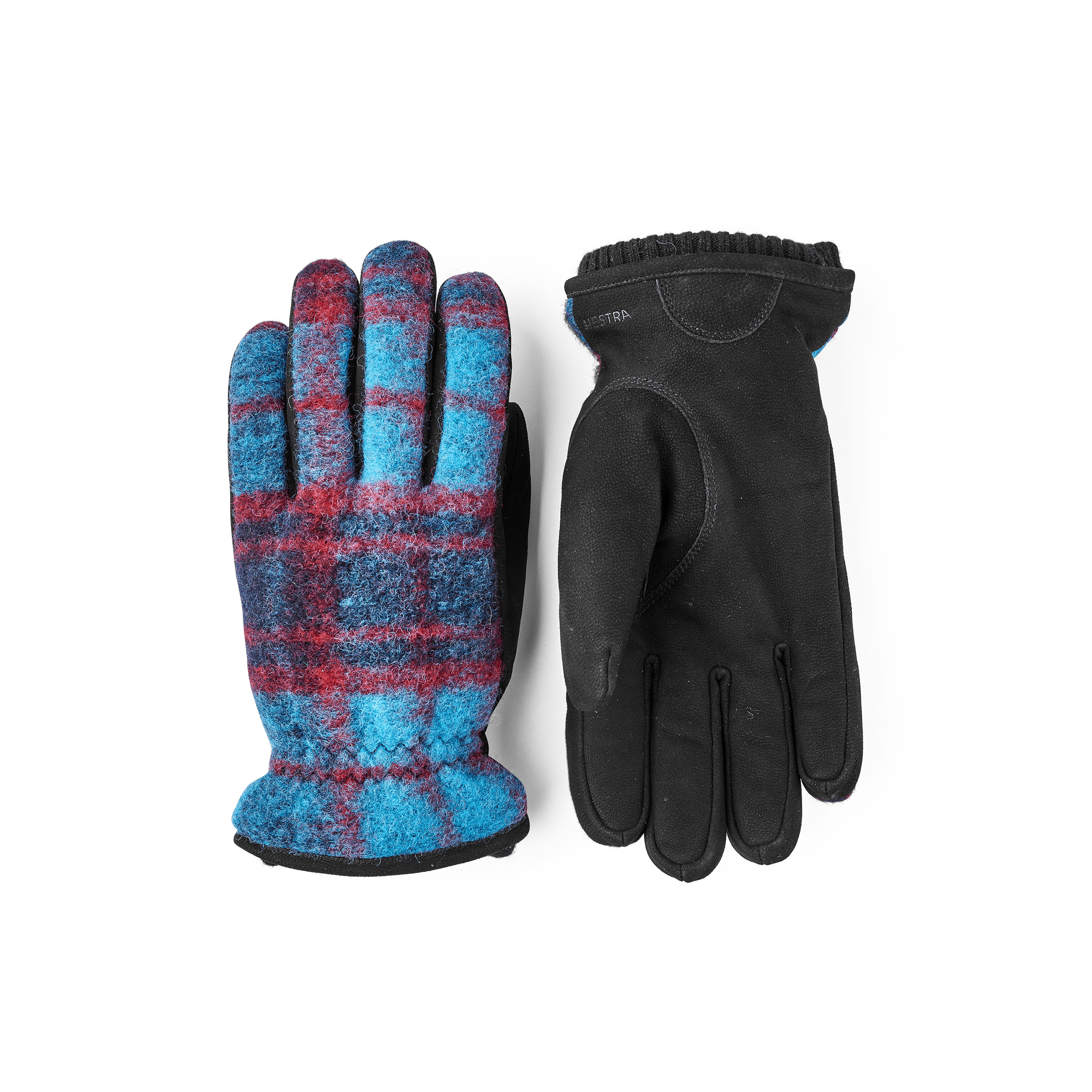 Dunkelblauer maschinengenähter Handschuh aus Ziegennubuk mit Oberhand aus mehrfarbigem Wolljersey
 (1 oder 4)