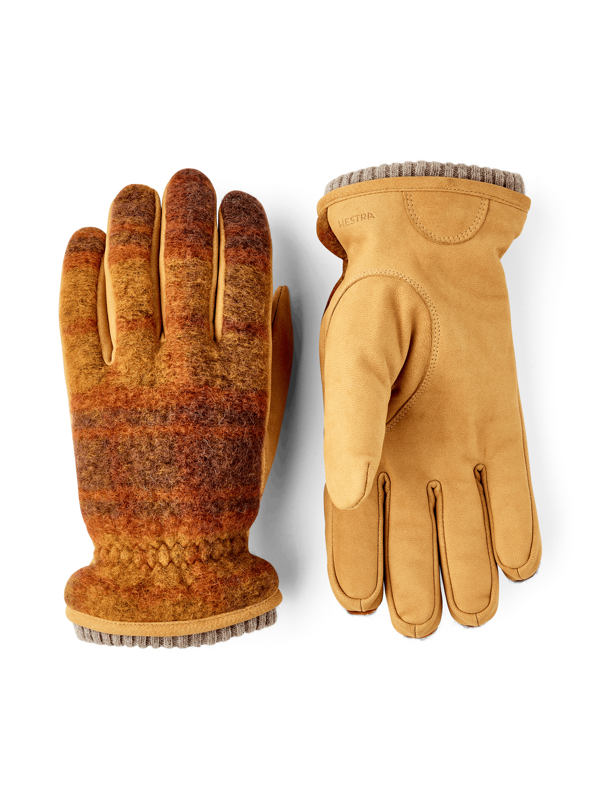 Gelber maschinengenähter Handschuh aus Ziegennubuk mit Oberhand aus mehrfarbigem Wolljersey
 (1 oder 4)