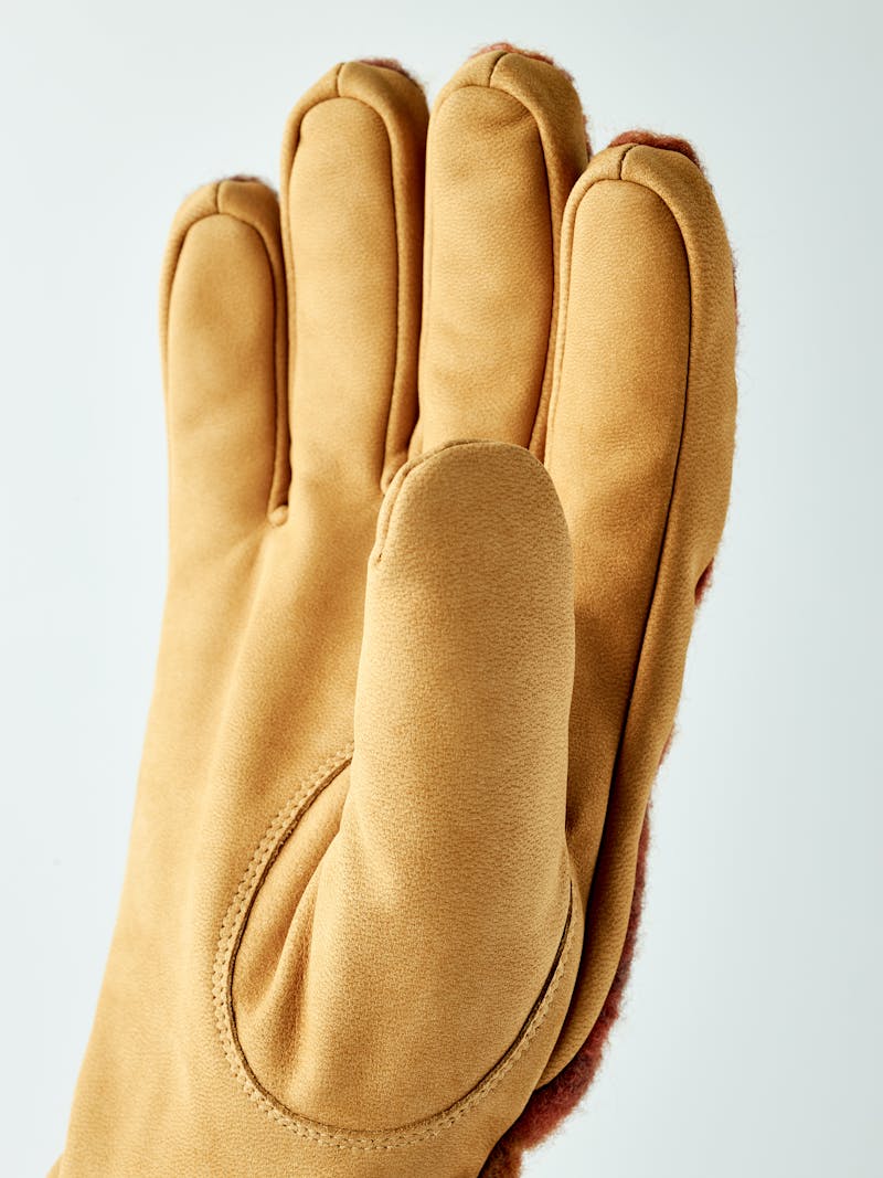 Yellow machine-sewn goat nubuck glove with multicolored wool jersey back
 (3 of 4)