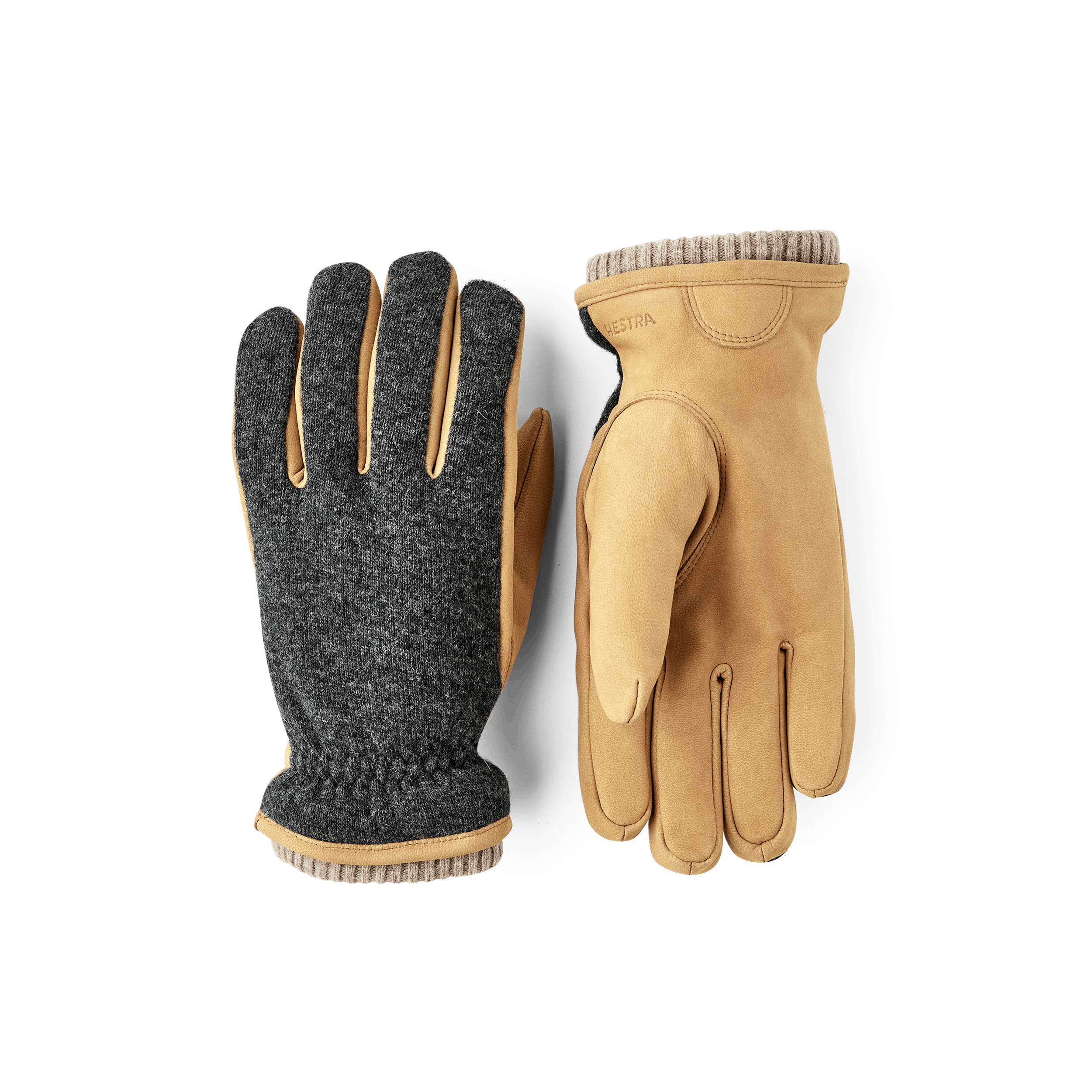 Yellowish-beige machine-sewn goat nubuck glove with dark gray wool jersey back
 (1 of 8)
