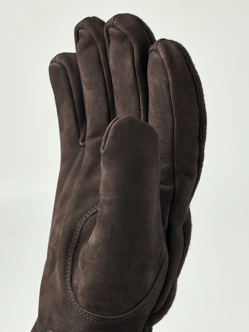Dark brown machine-sewn goat nubuck glove with wool jersey back
 (3 of 4)