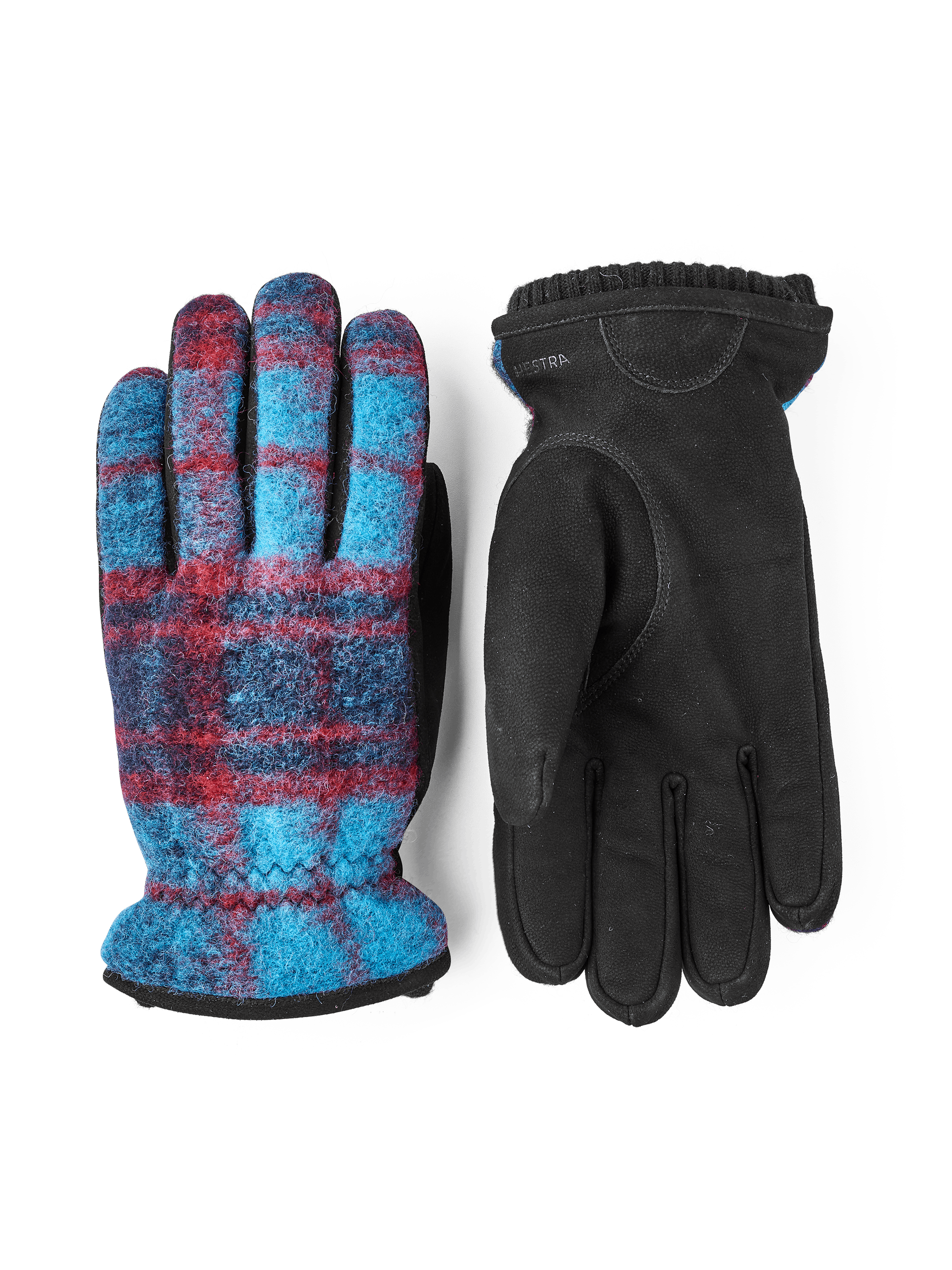 Dark blue machine-sewn goat nubuck glove with multicolored wool jersey back
(1 of 4)