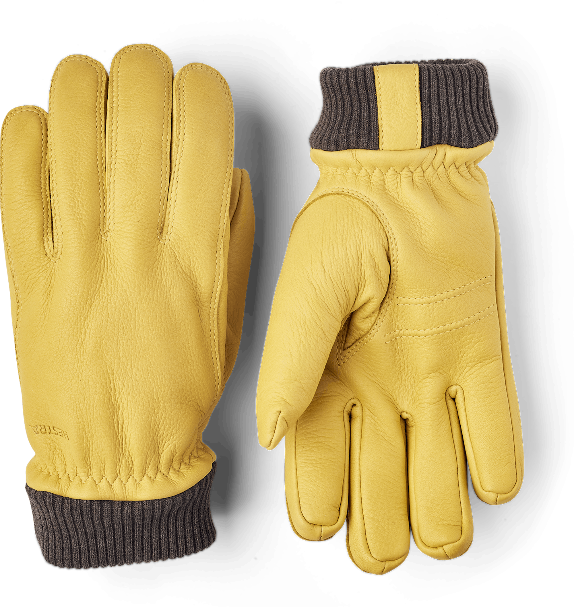 Yellow machine-sewn deerskin glove with knitted cuff
(1 of 8)