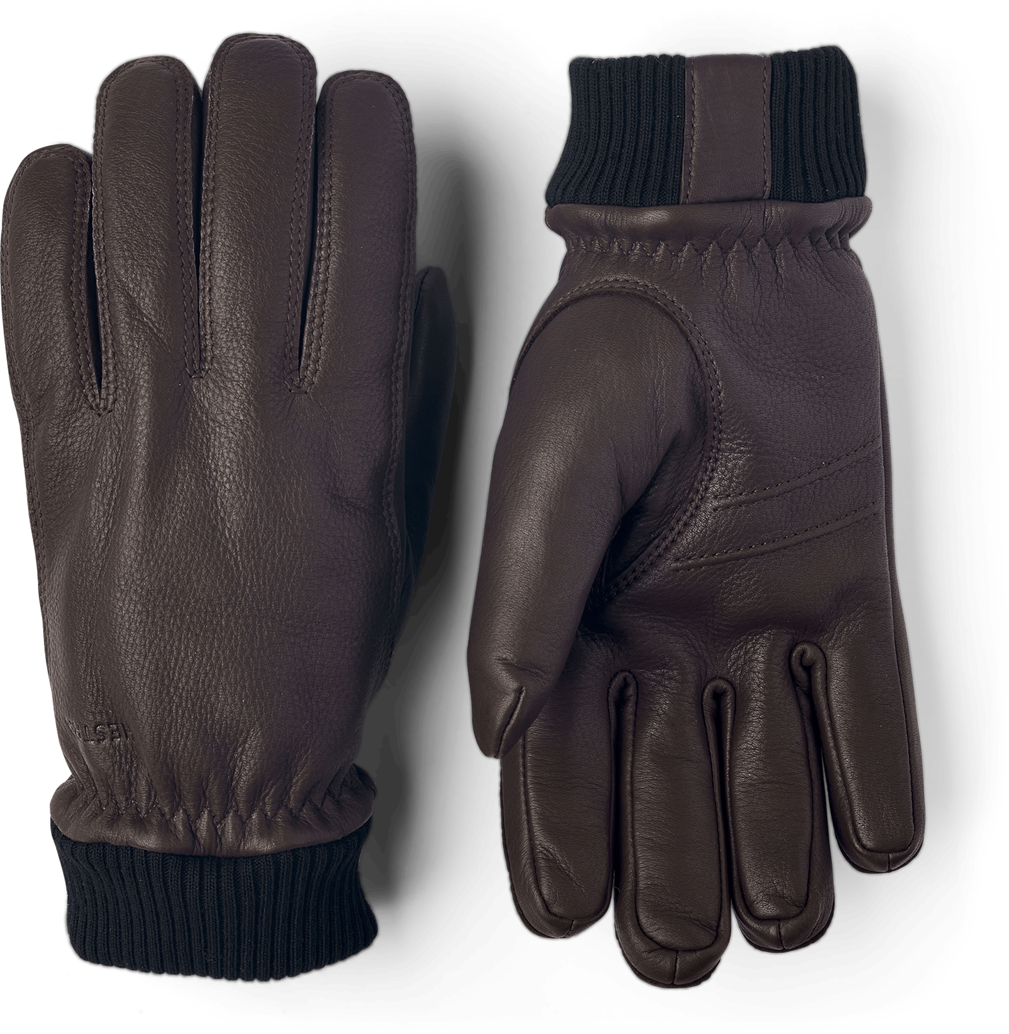 Brown machine-sewn deerskin glove with knitted cuff
(1 of 4)