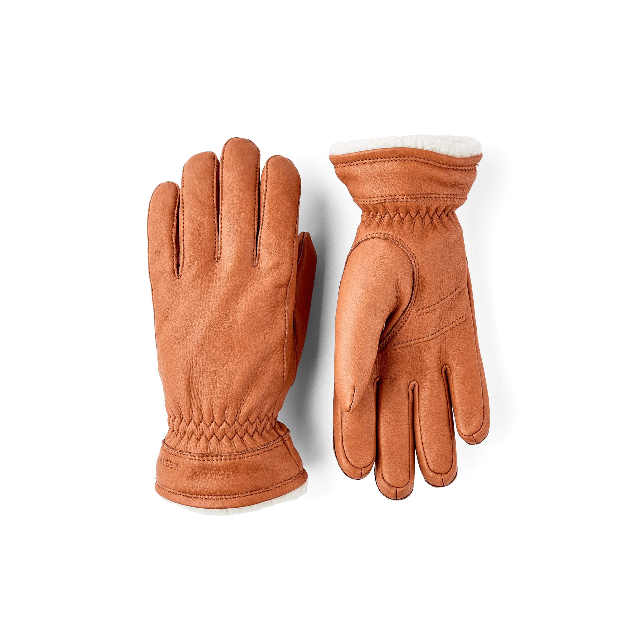 Hellbrauner maschinengenähter Lederhandschuh aus Hirschleder mit weißer Stulpenkante
 (1 oder 4)