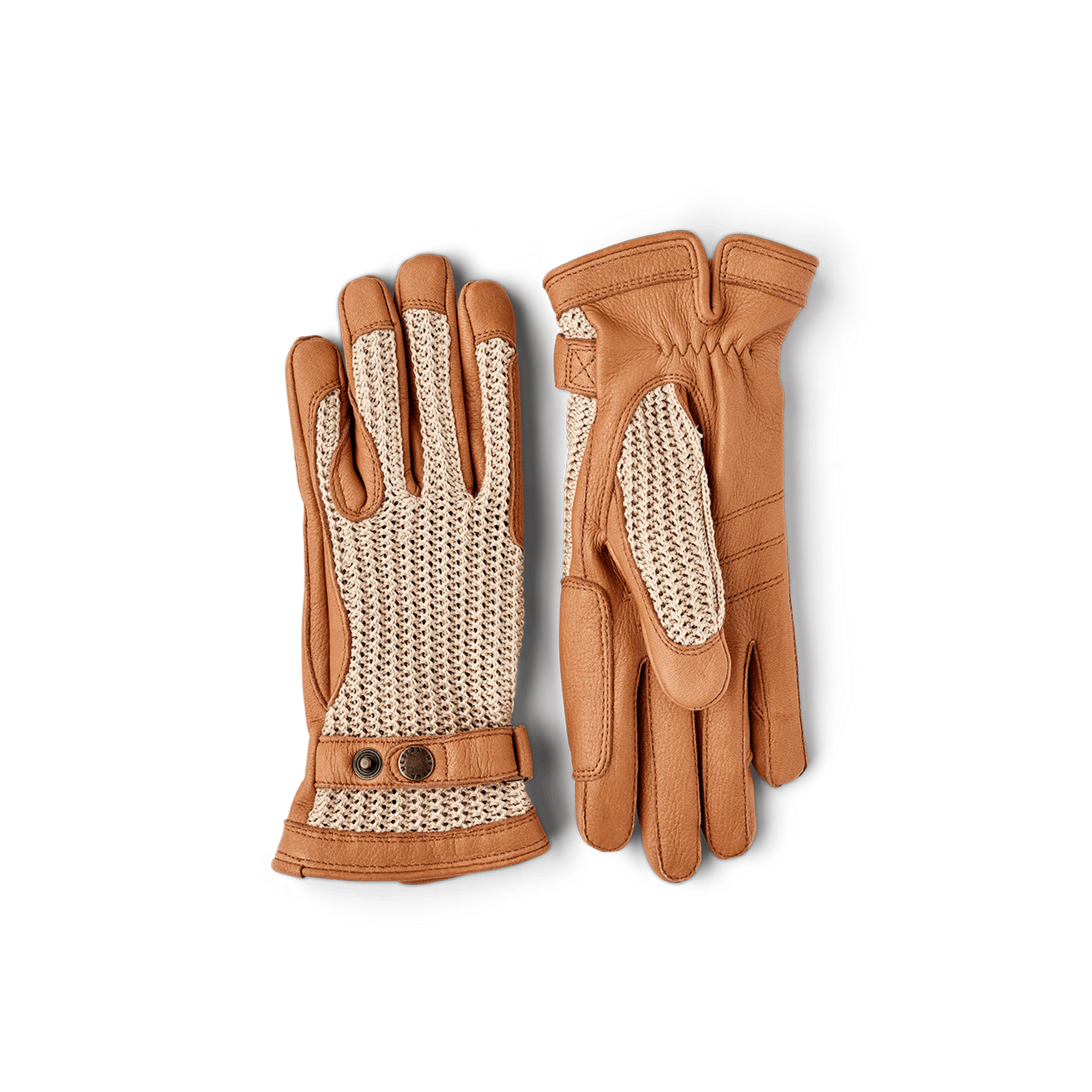 Beige riding glove in crocheted cotton with light brown deerskin palm (1 of 5)