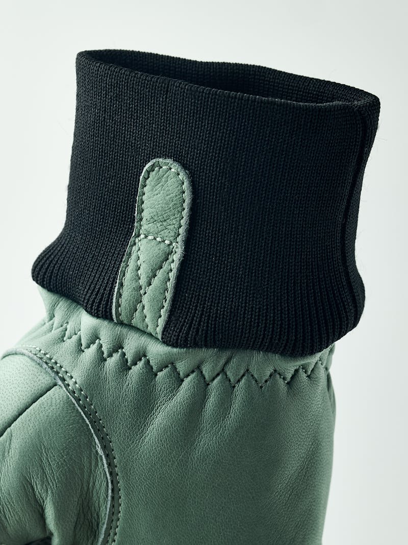 Mint green cow hide ski glove with black ribbed cuff (5 of 5)