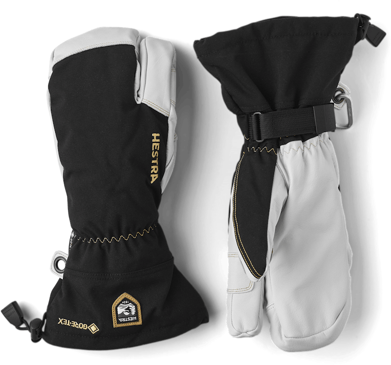 Black three finger glove with white goat leather palm and wrist adjustment 
 (1 of 6)