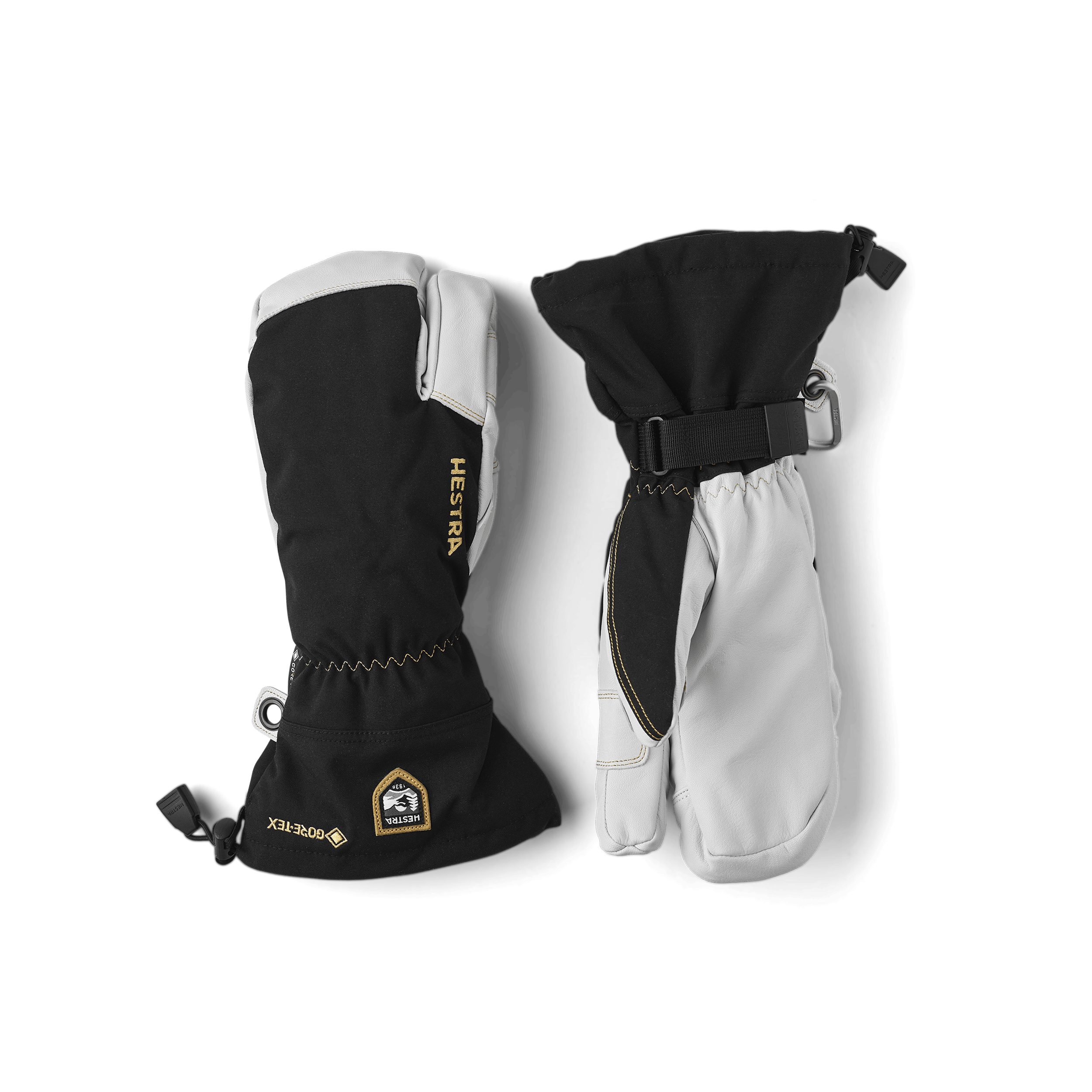 Black three finger glove with white goat leather palm and wrist adjustment (1 of 6)