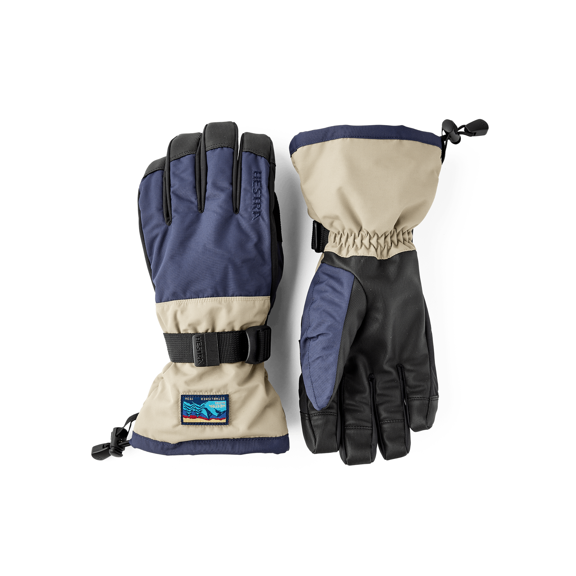 Blue and beige fabric ski glove with black synthetic palm (1 of 5)