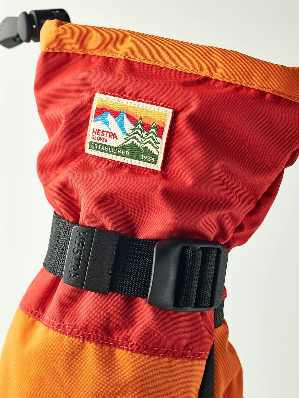 Orange and red fabric ski glove with black synthetic palm (4 of 5)