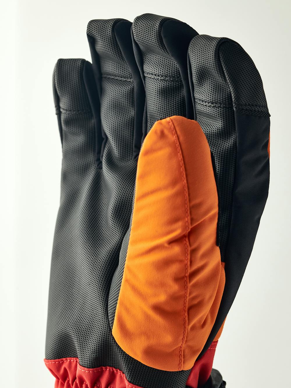 Orange and red fabric ski glove with black synthetic palm (2 of 5)