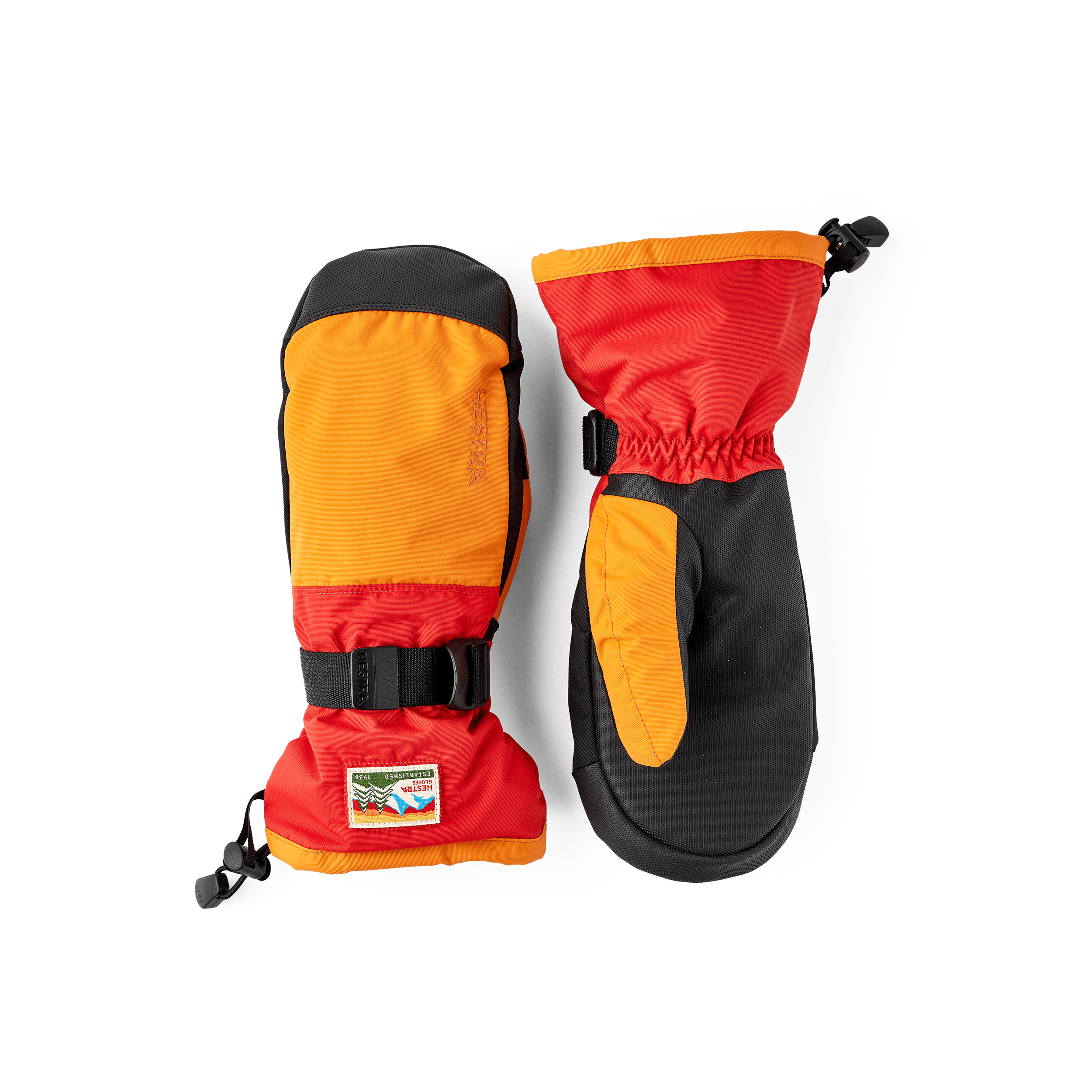 Orange and red fabric mitten with black synthetic palm (1 of 5)