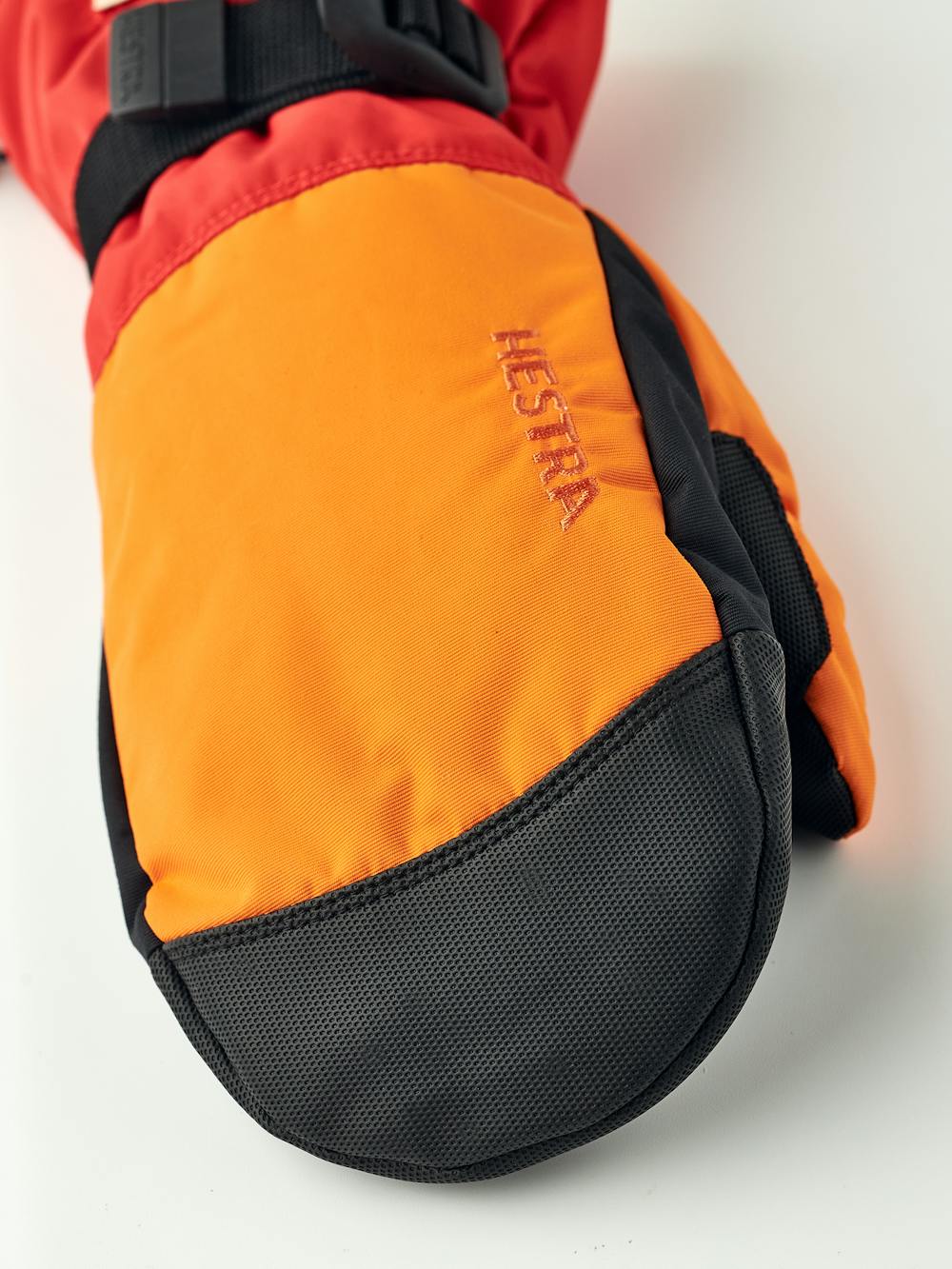 Orange and red fabric mitten with black synthetic palm (3 of 5)