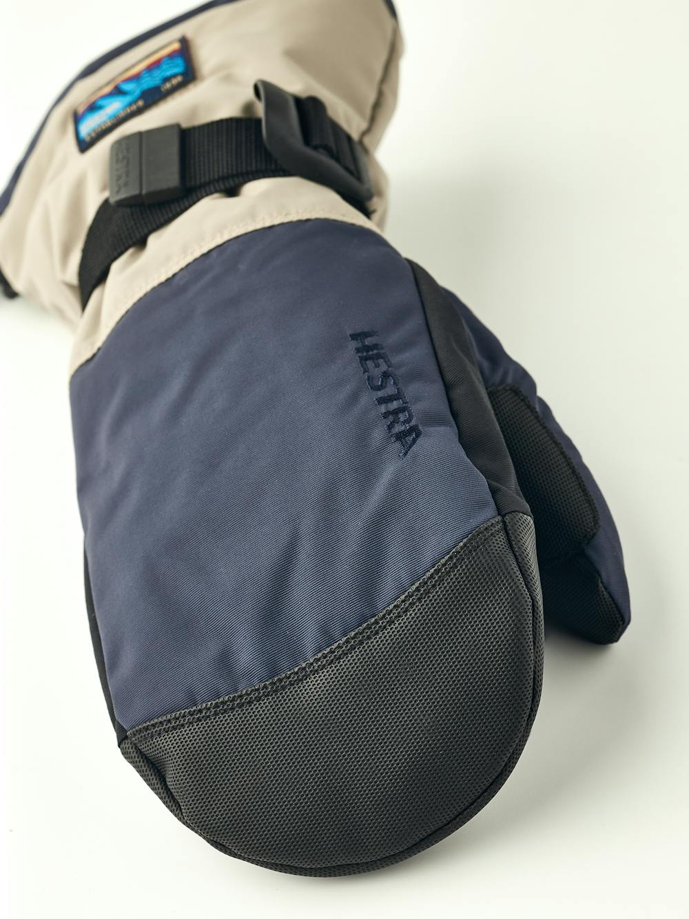 Blue and beige fabric mitten with black synthetic palm (3 of 5)