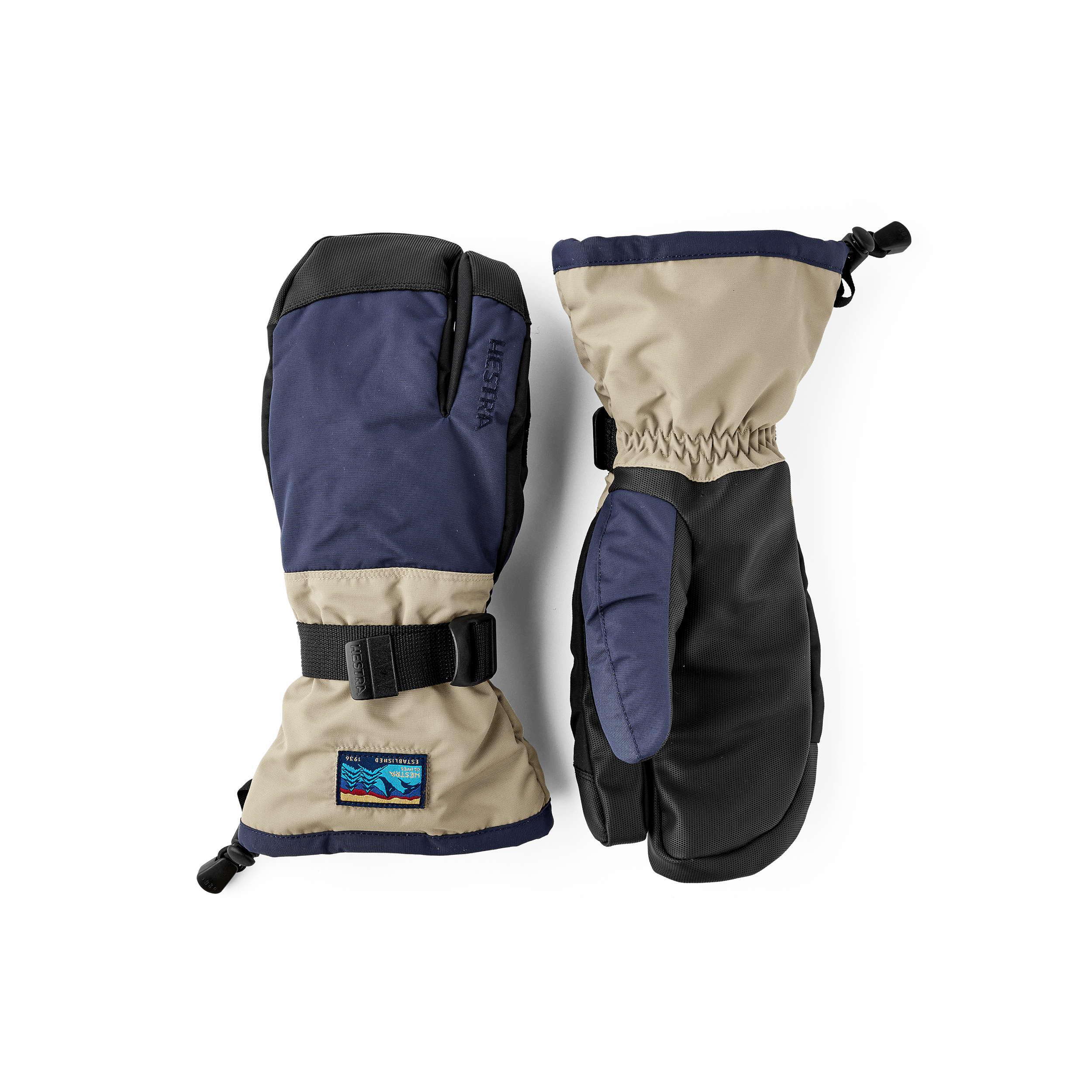 Blue and beige fabric three finger glove with black synthetic palm (1 of 5)