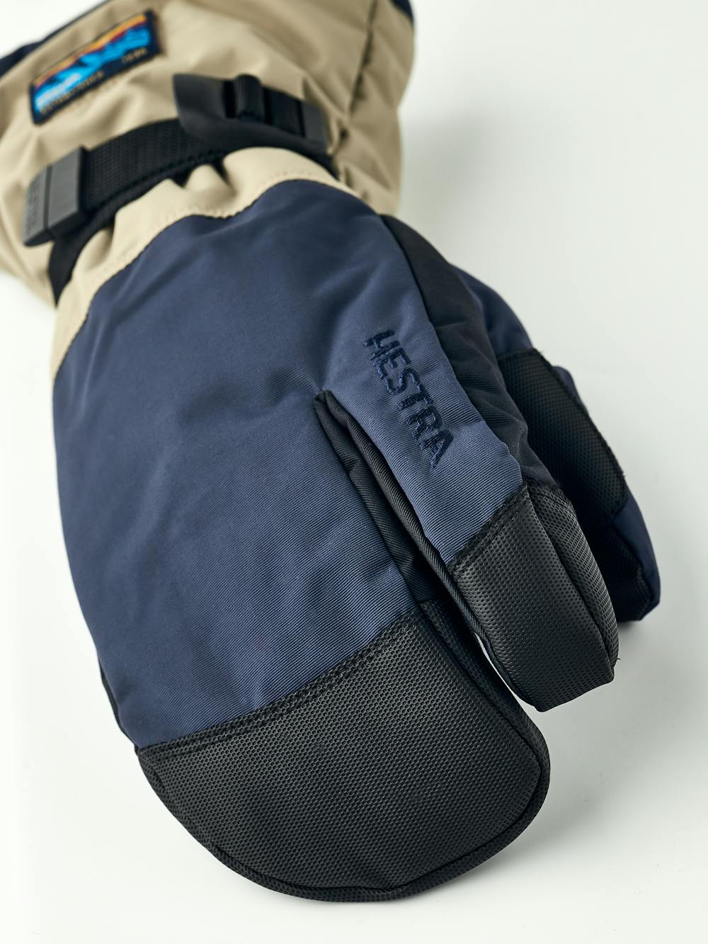 Blue and beige fabric three finger glove with black synthetic palm (2 of 5)