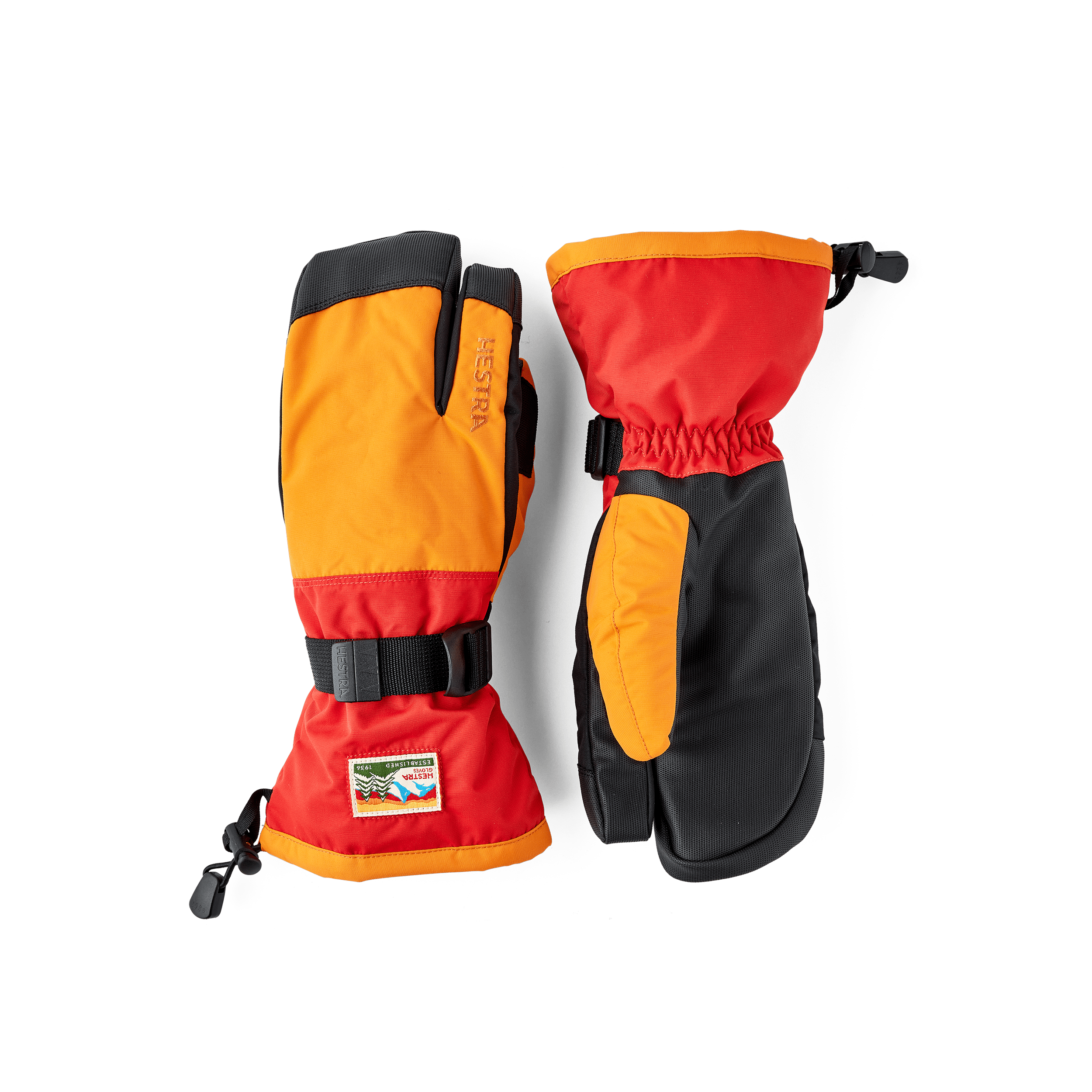 Orange and red fabric three finger glove with black synthetic palm (1 of 5)