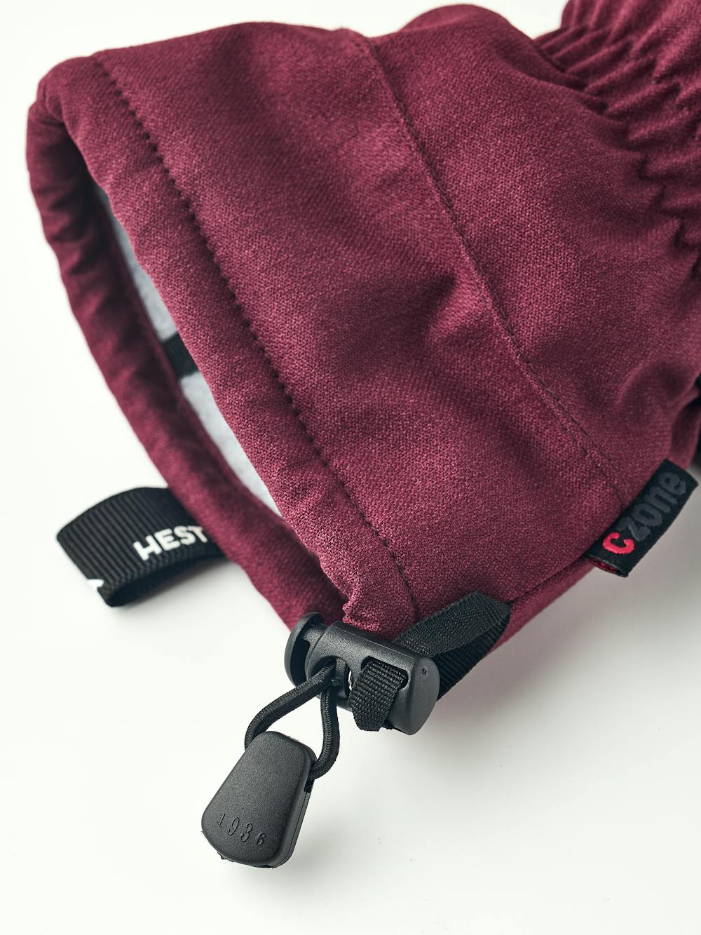 Burgundy ski glove with black goat leather palm and wrist adjustment (5 of 6)