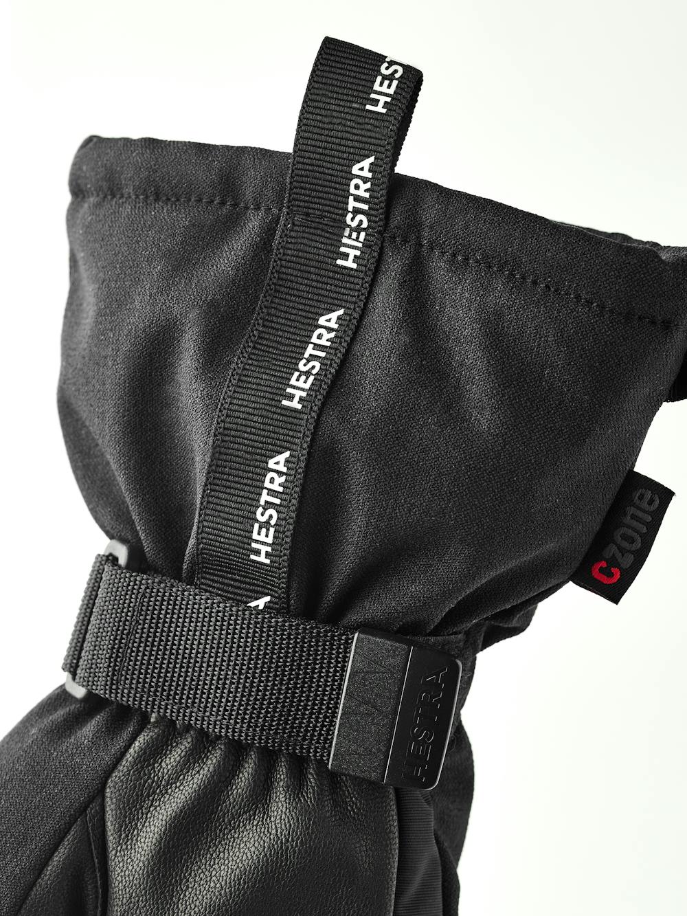 Schwarzer Skihandschuh mit Ziegenleder an der Innenhand und verstellbarem Handgelenkverschluss (6 oder 6)