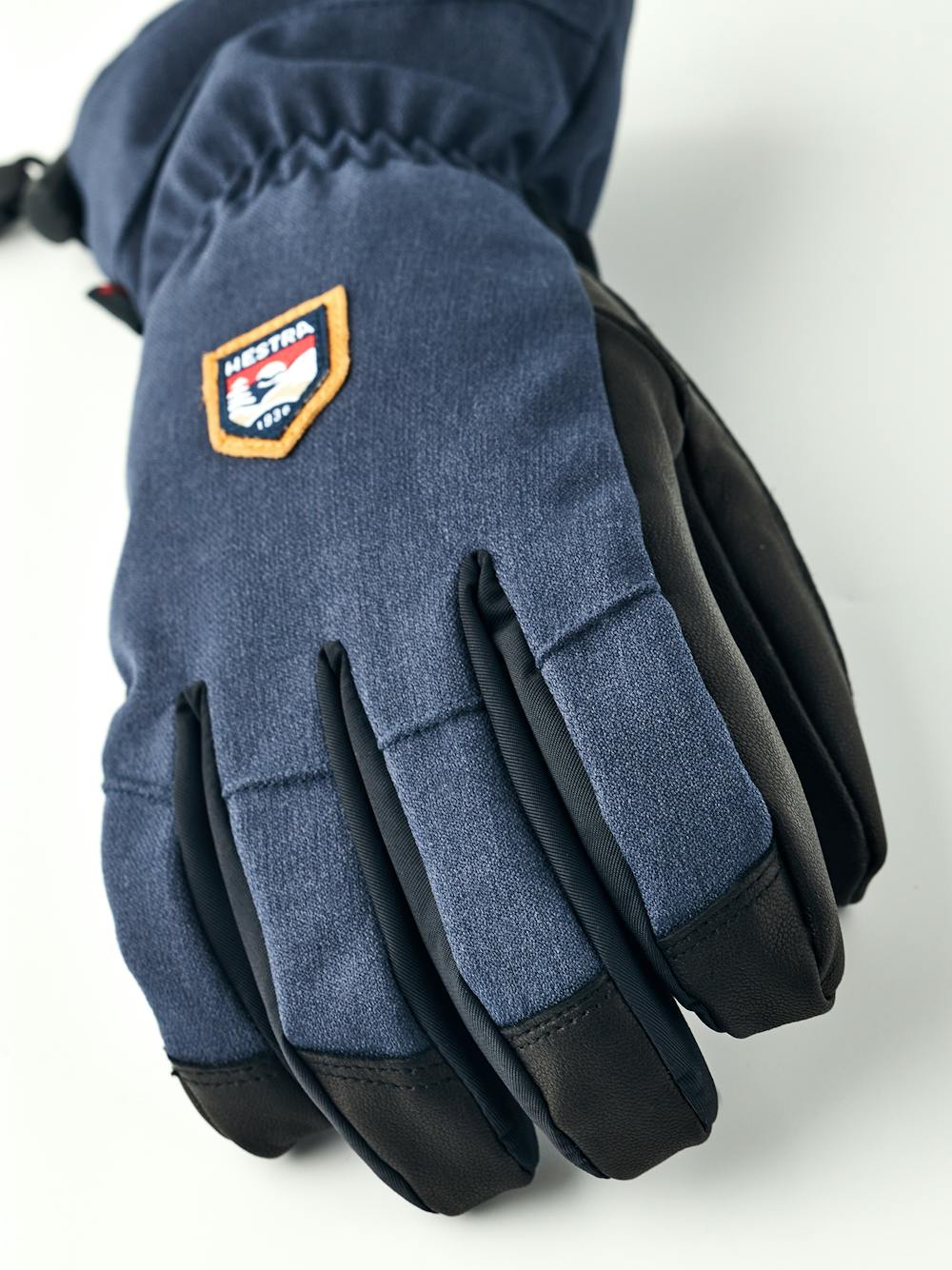 Dark blue ski glove with black goat leather palm and wrist adjustment (2 of 6)