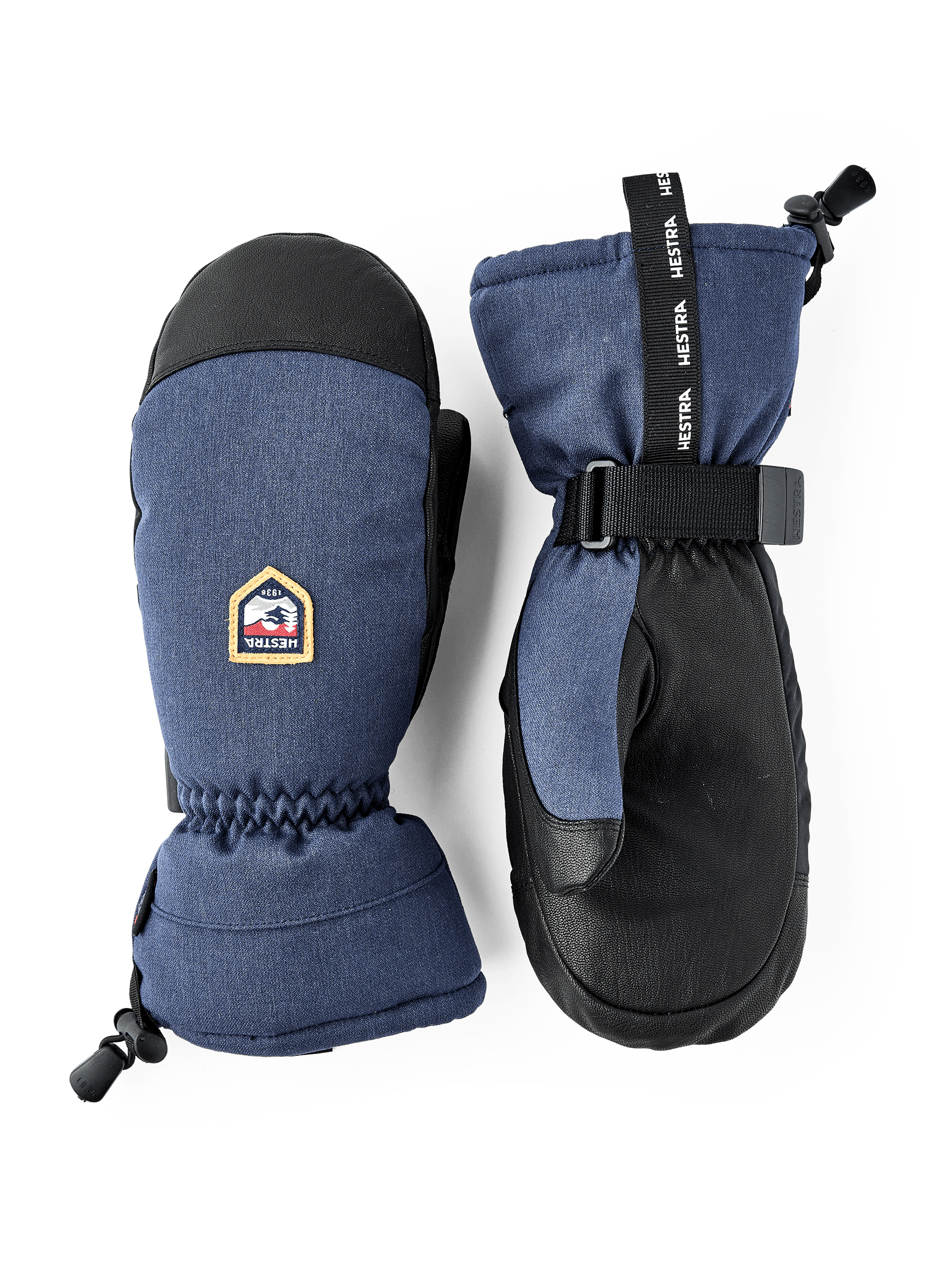 Dark blue mitten with black goat leather palm and wrist adjustment (1 of 6)