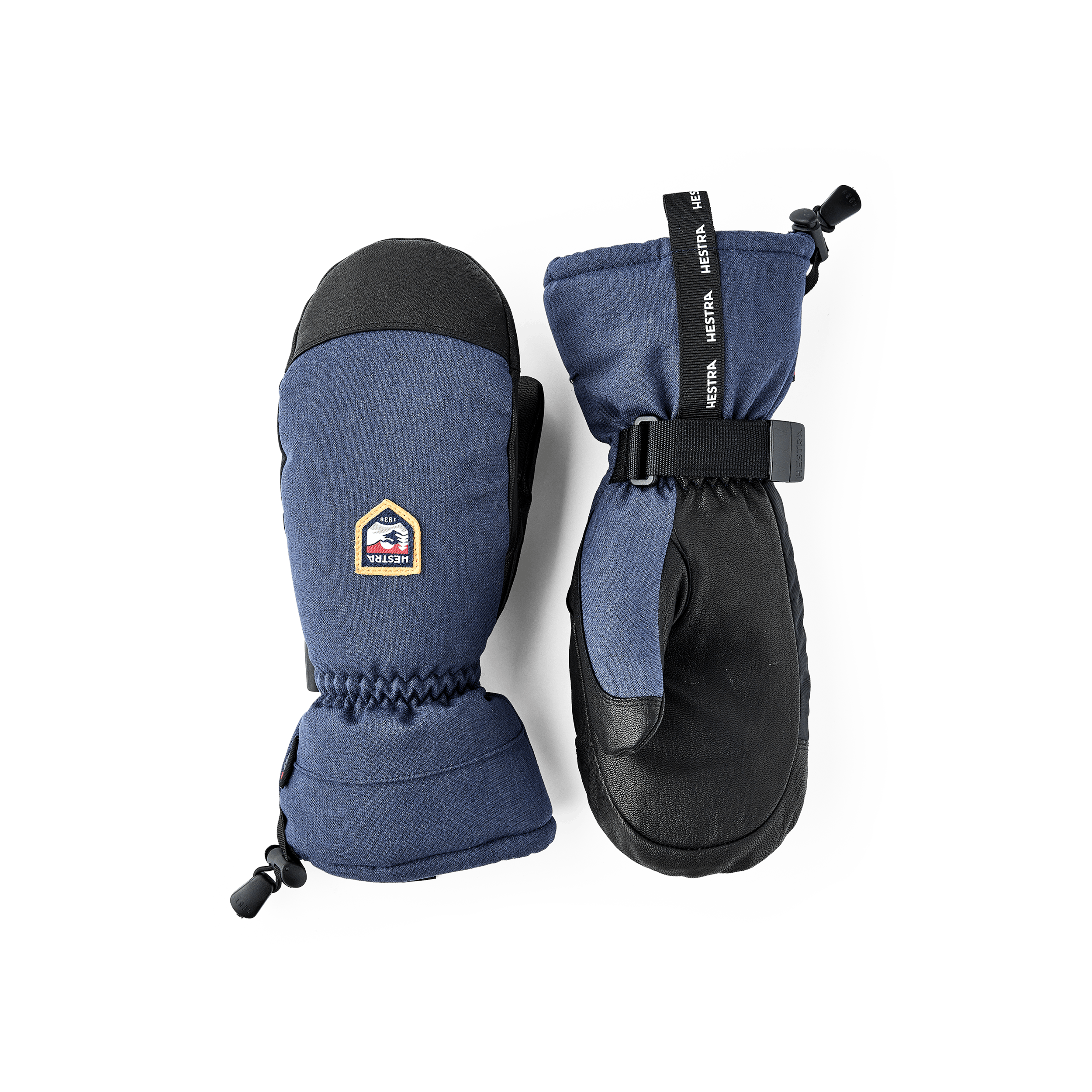 Dunkelblauer Fausthandschuh mit schwarzem Ziegenleder an der Innenhand und verstellbarem Handgelenkverschluss (1 oder 6)