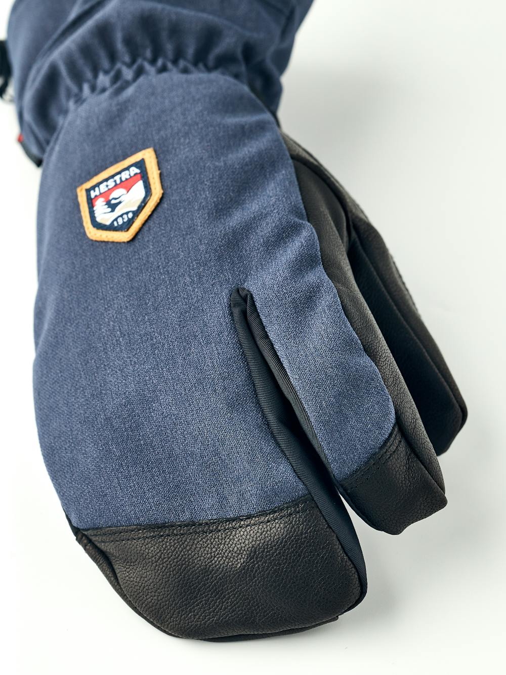 Dark blue three finger glove with black goat leather palm and wrist adjustment (2 of 6)