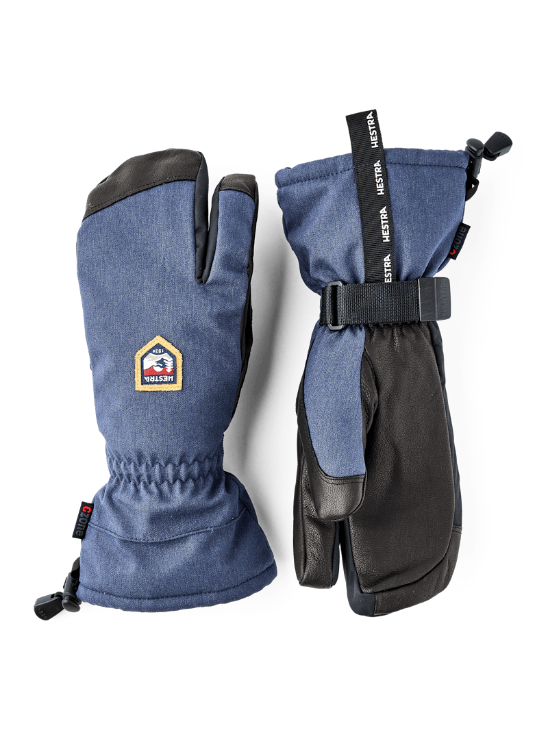 Dark blue three finger glove with black goat leather palm and wrist adjustment (1 of 6)