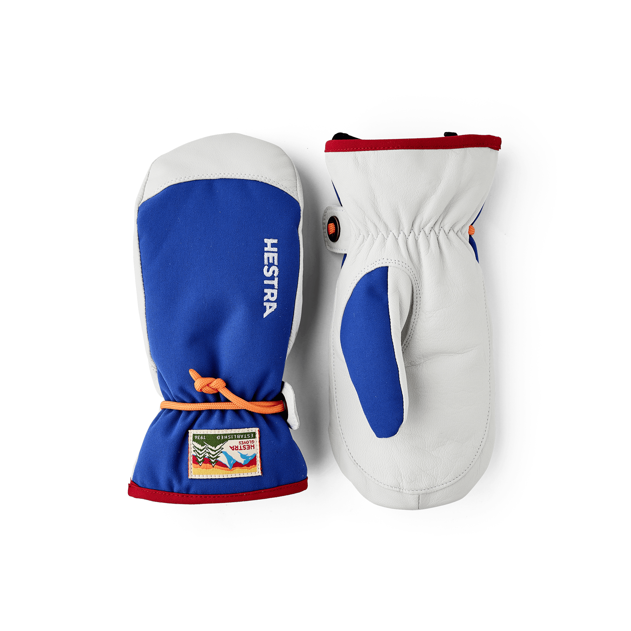 Blue mitten with white goat leather palm and wrist strap (1 of 6)