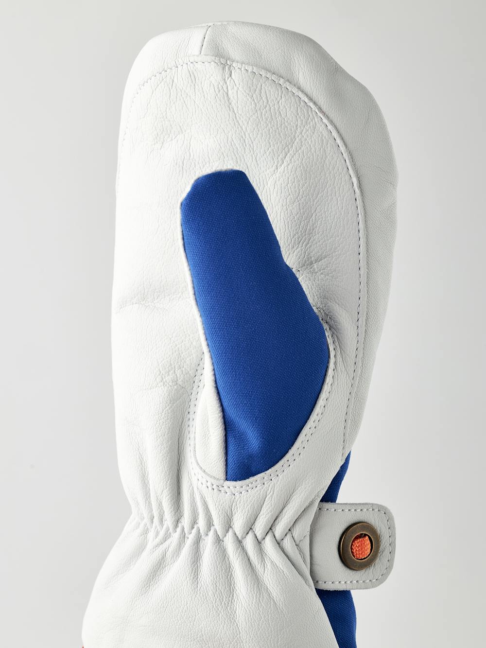 Blue mitten with white goat leather palm and wrist strap (5 of 6)