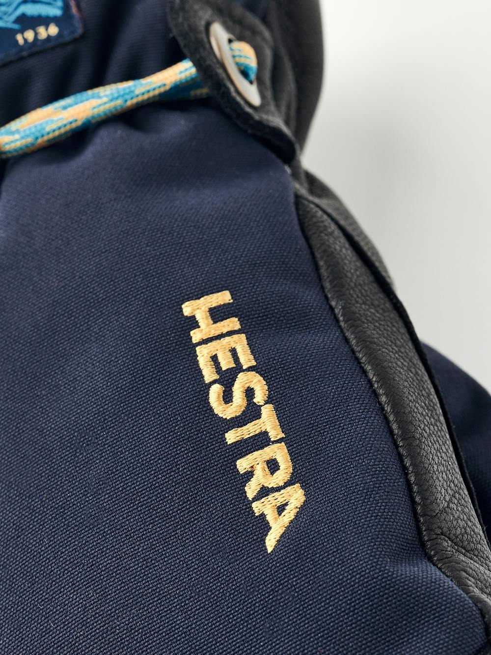 Dark blue mitten with black goat leather palm and wrist strap (2 of 6)