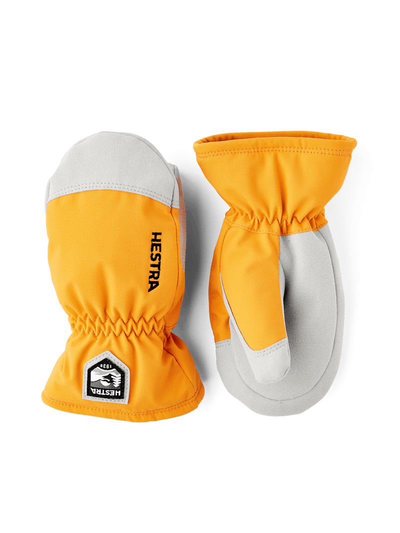 Orange fabric mitten with white synthetic suede palm (1 of 4)