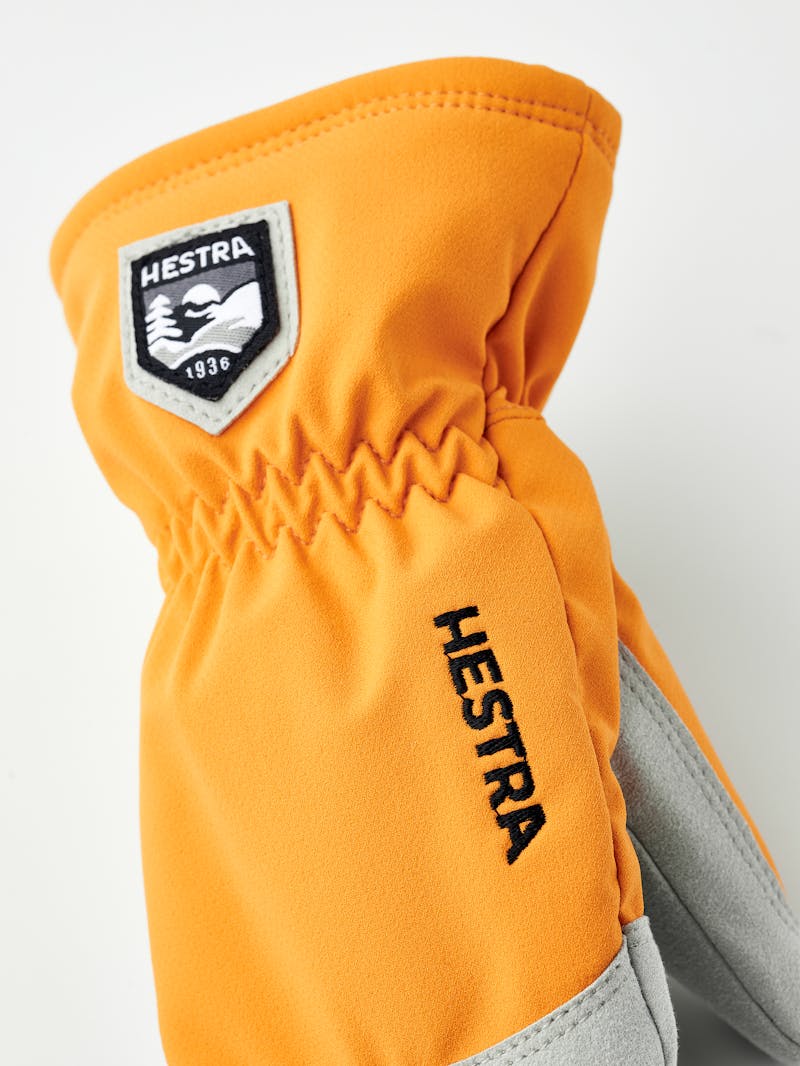 Orange fabric mitten with white synthetic suede palm (3 of 4)