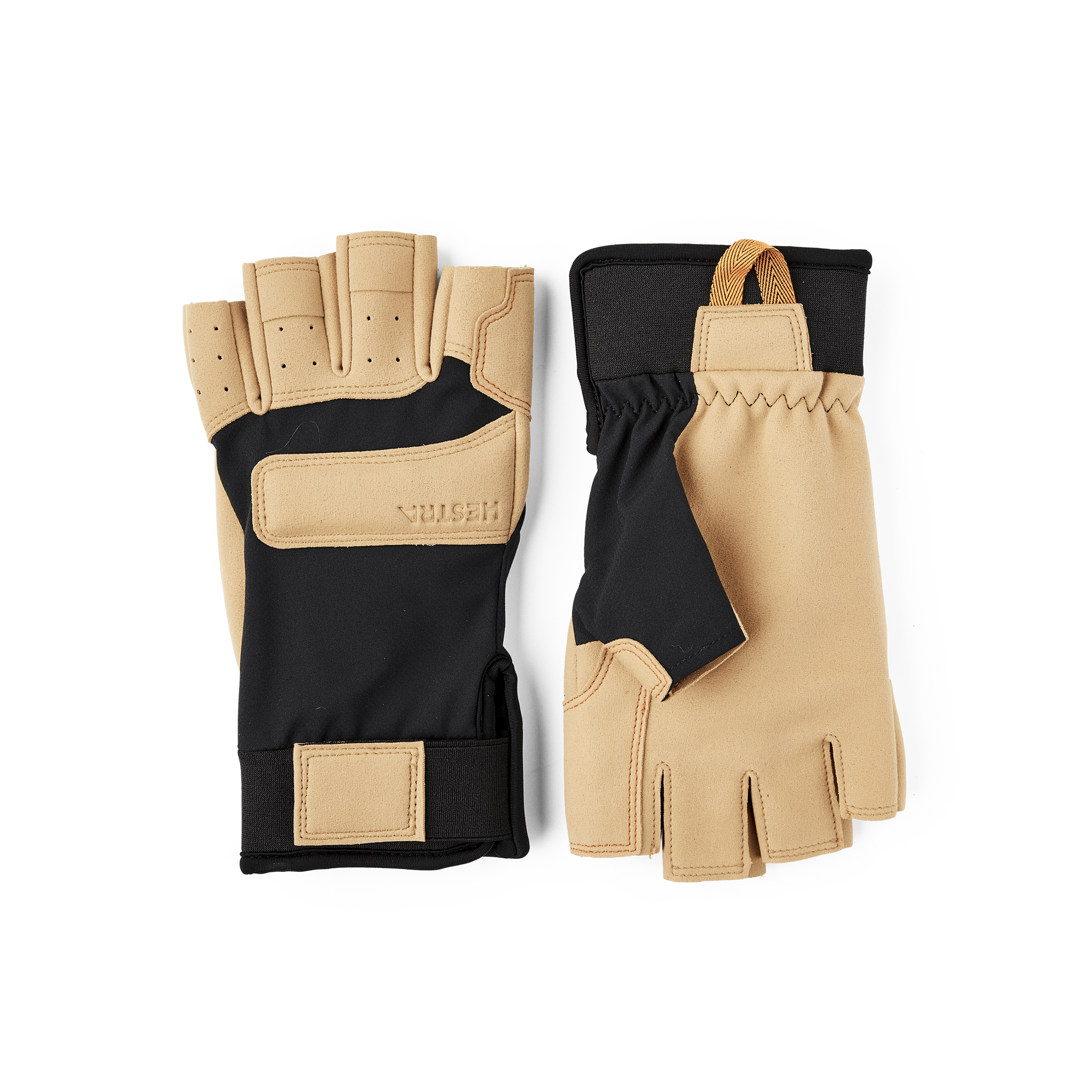 Schwarz-hellbrauner Kurzfingerhandschuh aus Stoff und synthetischem Wildleder (1 oder 6)