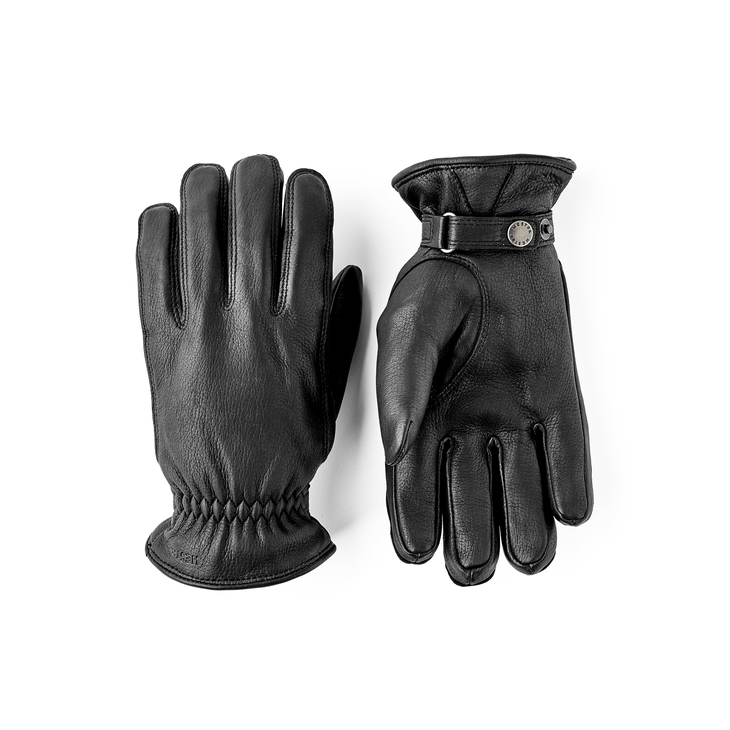 Schwarzer maschinengenähter Handschuh aus Haarschafleder mit Lederriegel und Knopf
(1 oder 5)