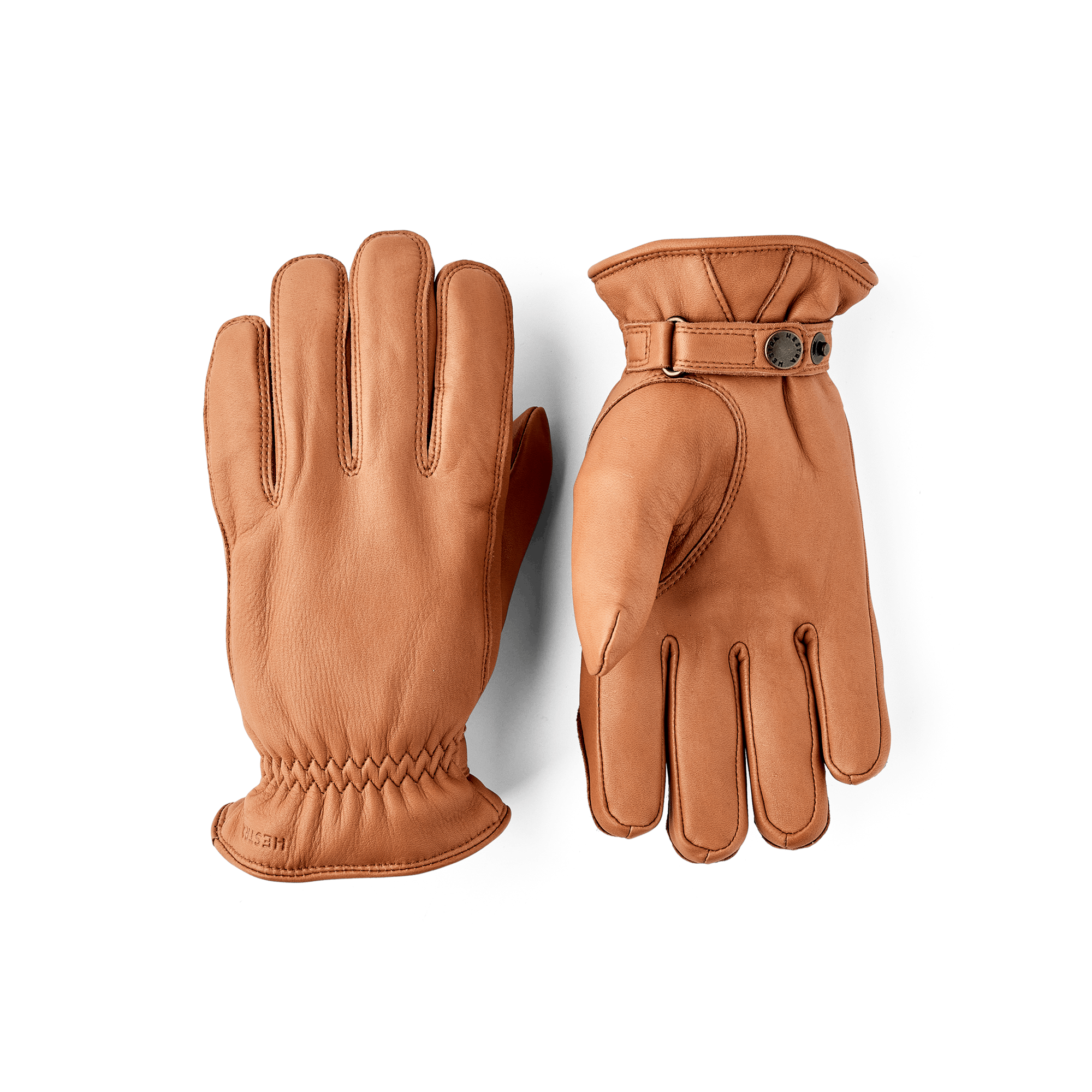 Light brown machine-sewn hairsheep leather glove with leather strap and button
(1 of 5)