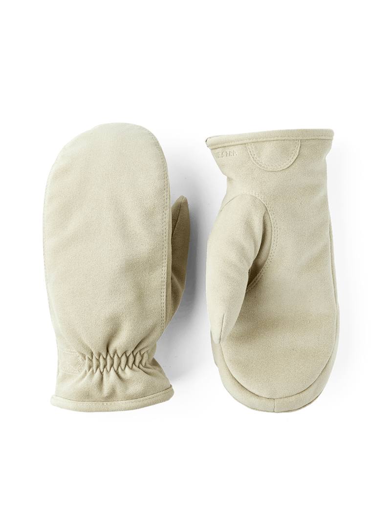 Light beige machine-sewn synthetic suede mitten
 (1 of 4)