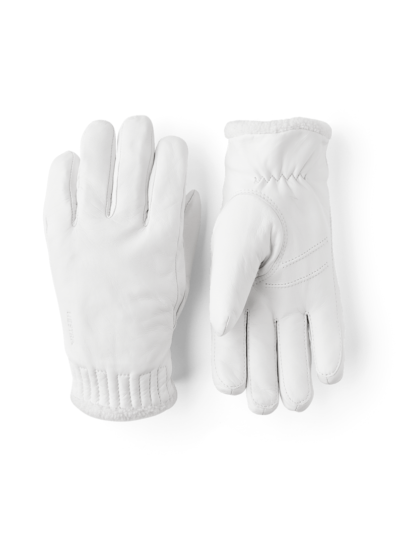 White machine-sewn hairsheep leather glove with visible wool fleece trim
 (1 of 5)