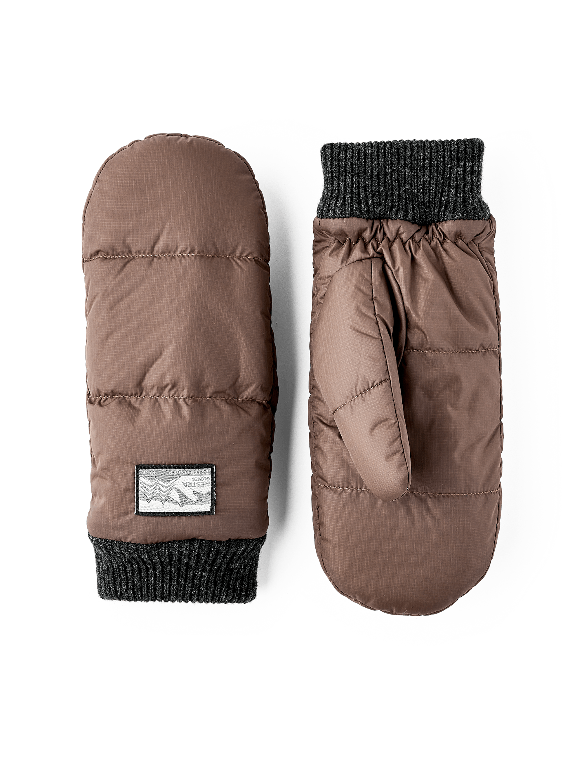 Brown fabric mitten with dark gray knitted cuff
 (1 of 3)