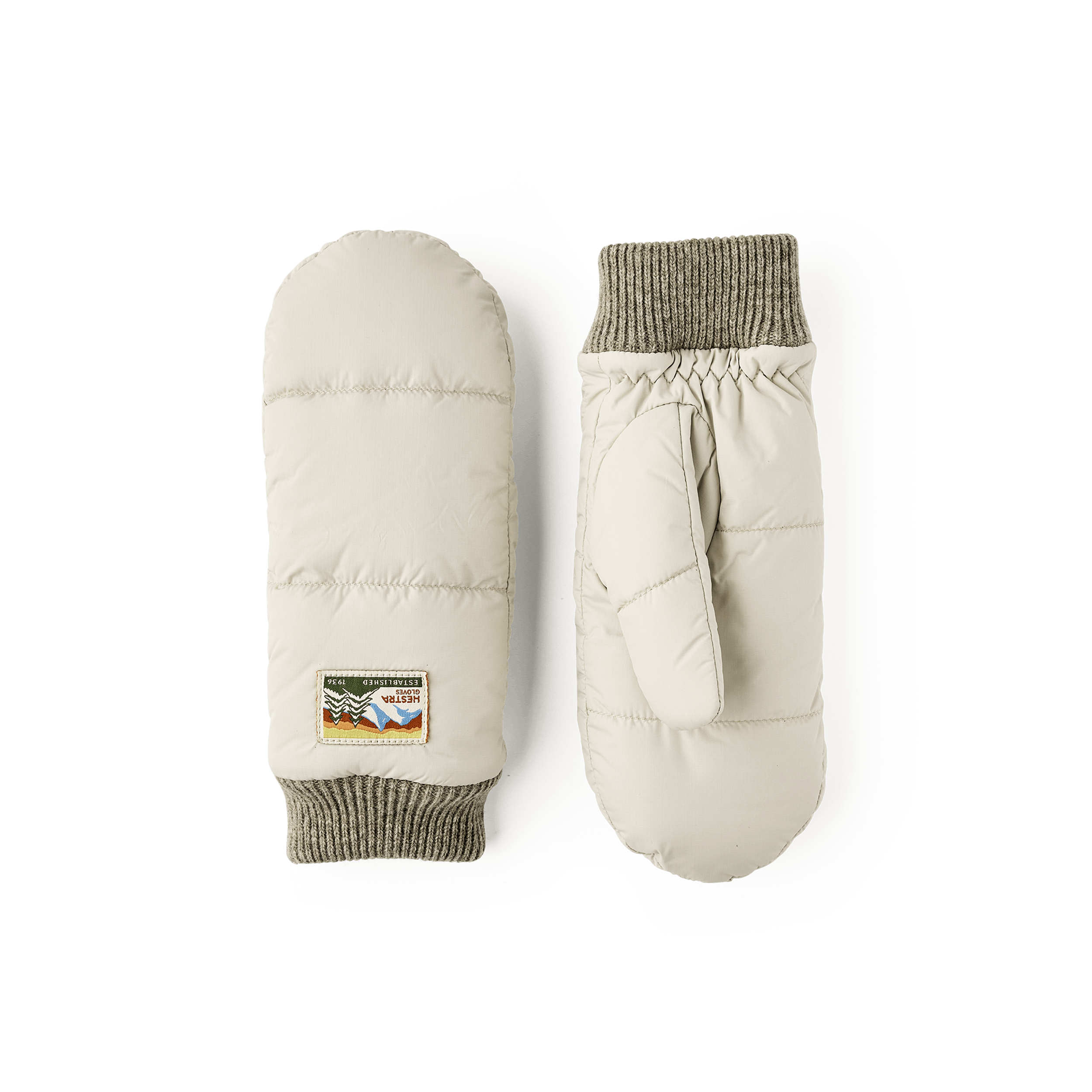 Hellbeiger Fausthandschuh aus Stoff mit hellgrauem Strickbündchen
(1 oder 3)