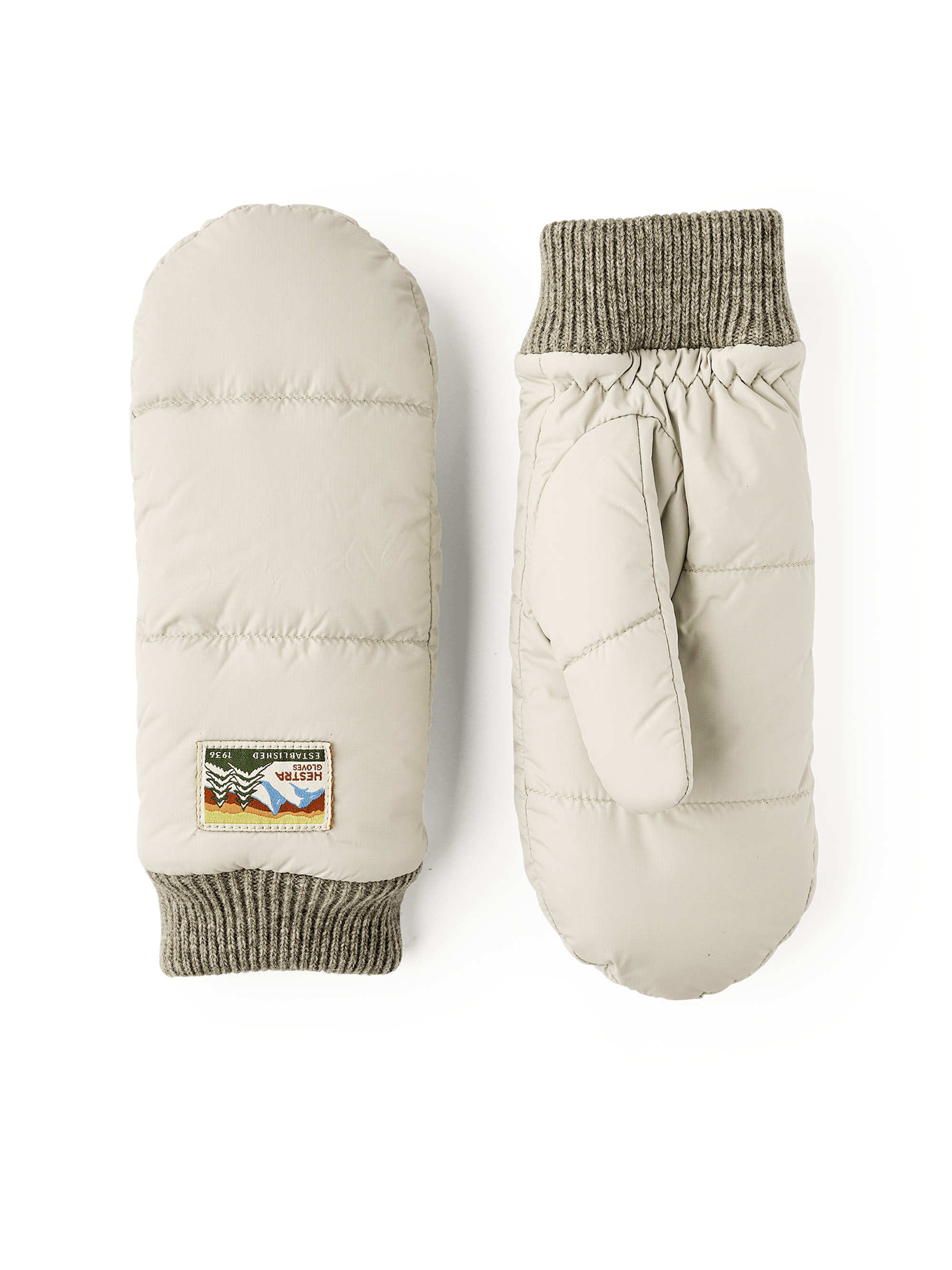 Light beige fabric mitten with light gray knitted cuff
(1 of 3)