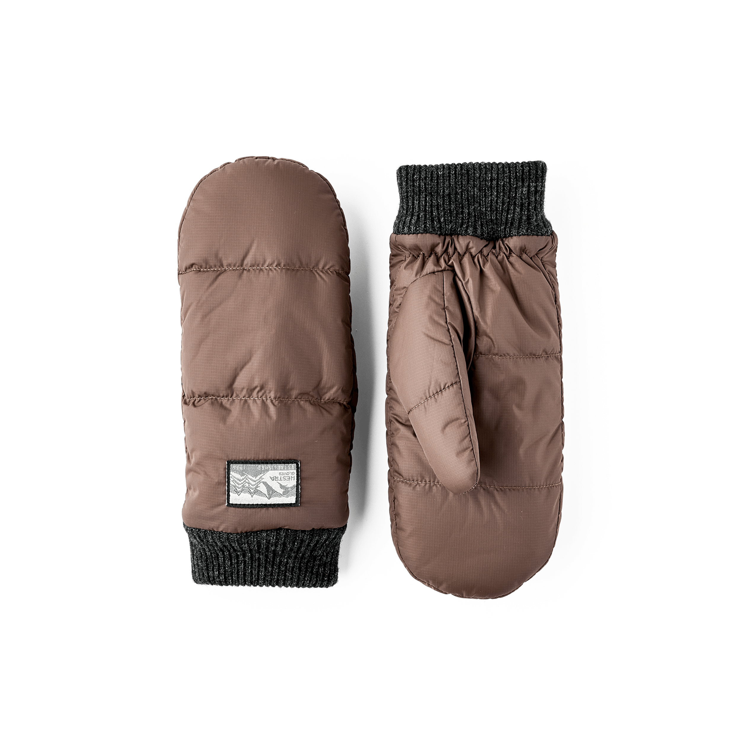 Brown fabric mitten with dark gray knitted cuff
 (1 of 3)