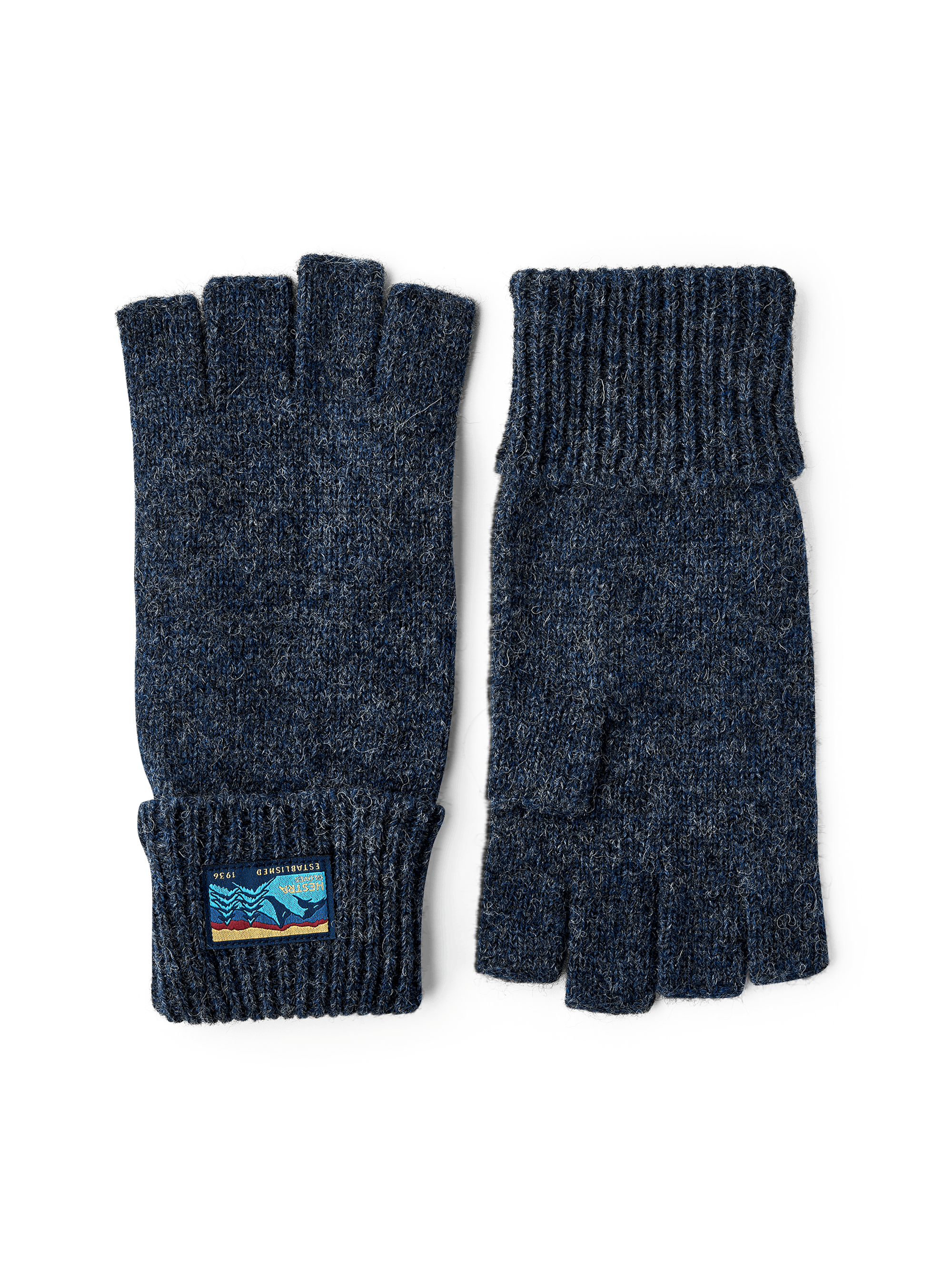 Dark blue fingerless glove in mottled wool yarn (1 of 3)