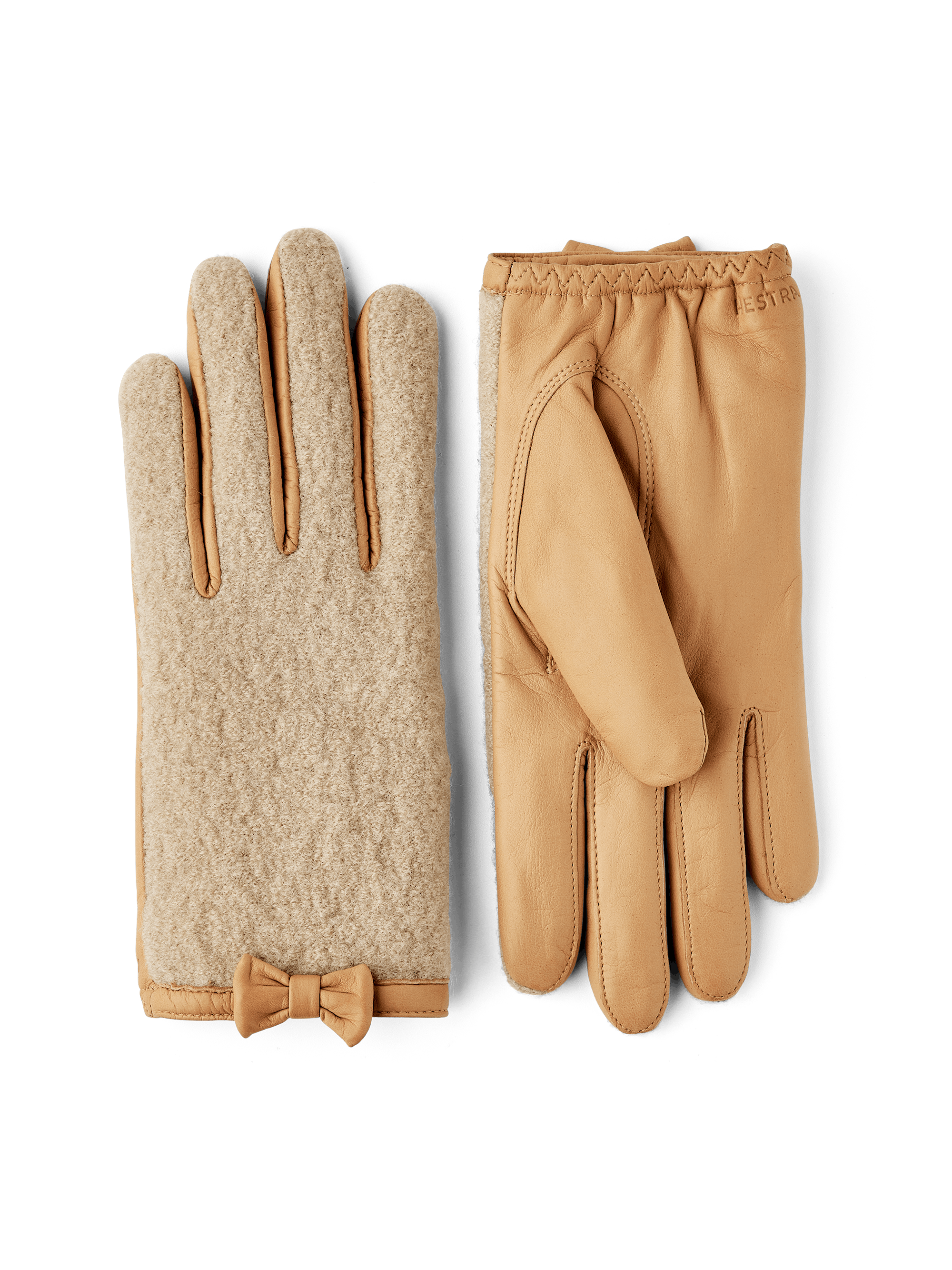 Dunkelbeiger Lederhandschuh aus Haarschafleder mit beigem Bouclé-Strick auf der Oberhand und kleiner Schleife
 (1 oder 5)