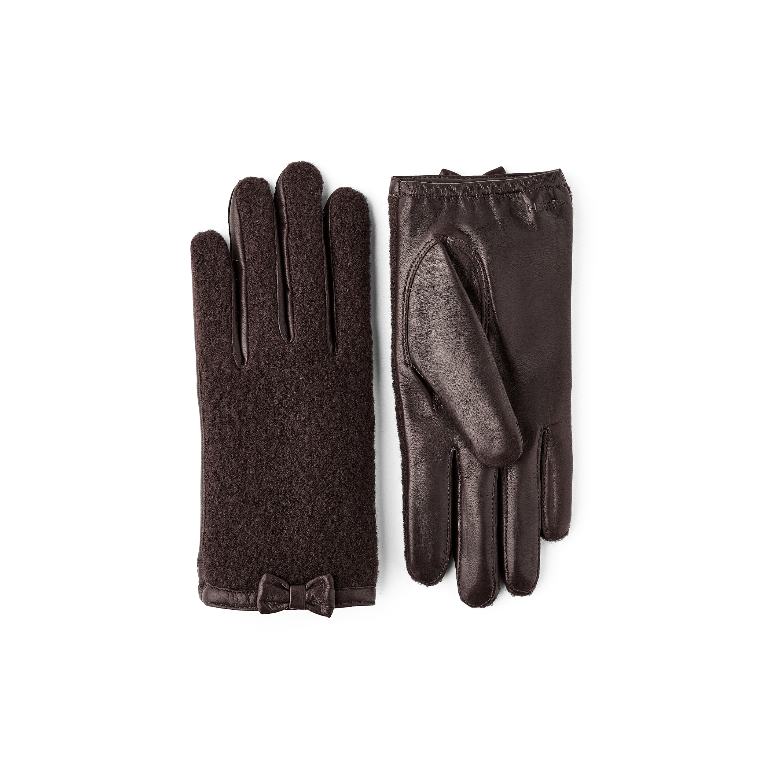 Dark brown hairsheep leather glove with bouclé knitted back and small bow
 (1 of 5)