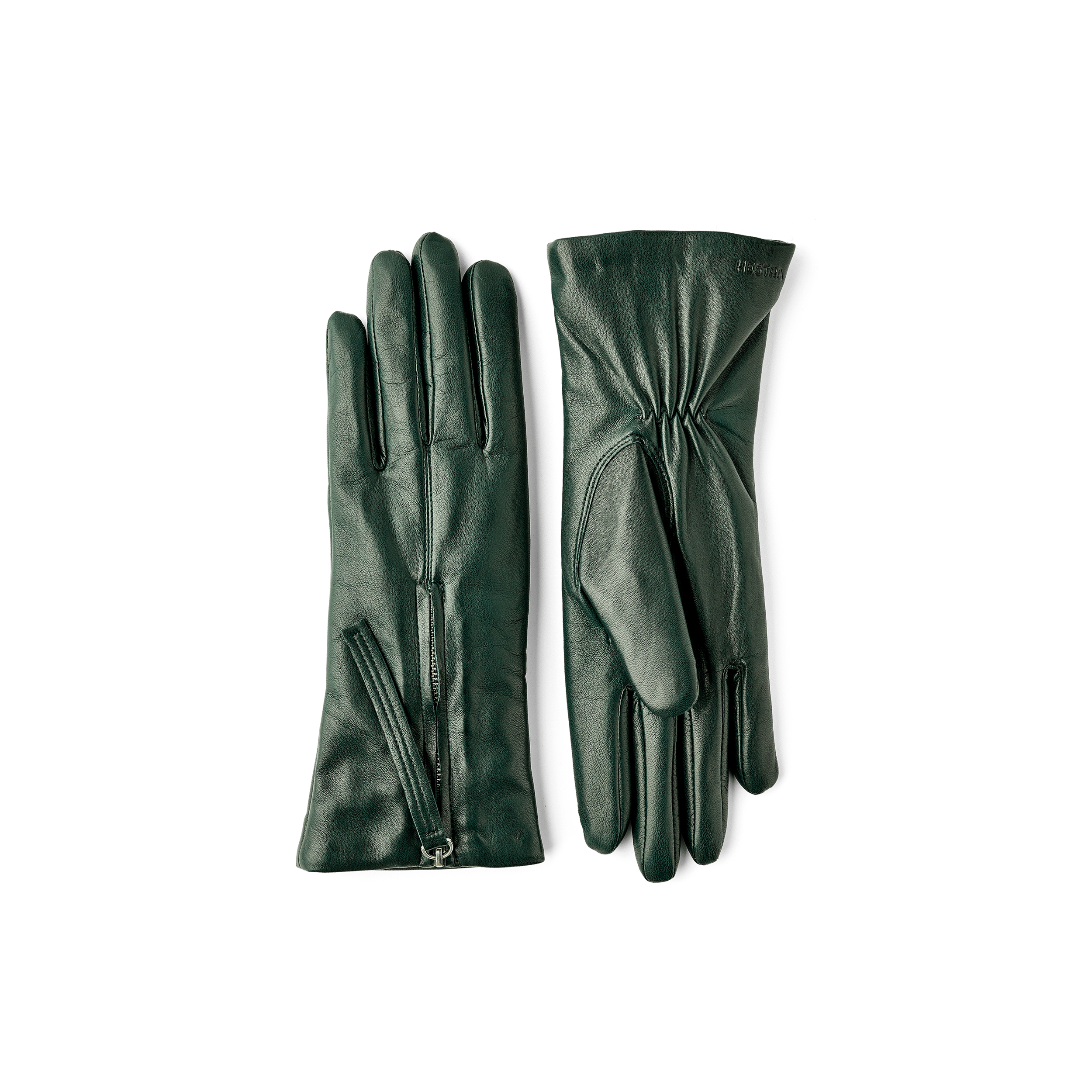 Dark green machine-sewn hairsheep leather glove with zip
 (1 of 6)