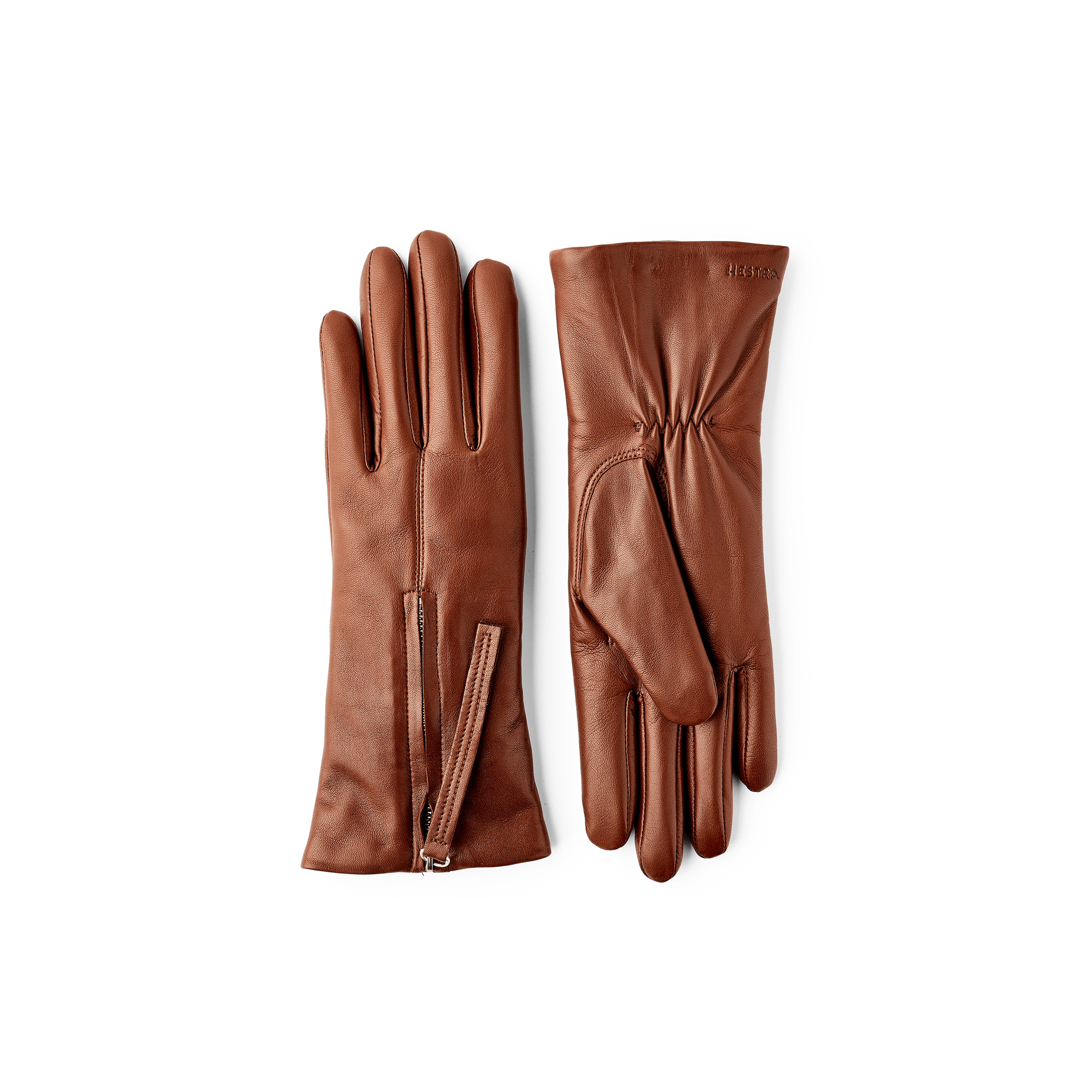 Medium brown machine-sewn hairsheep leather glove with zip
 (1 of 6)