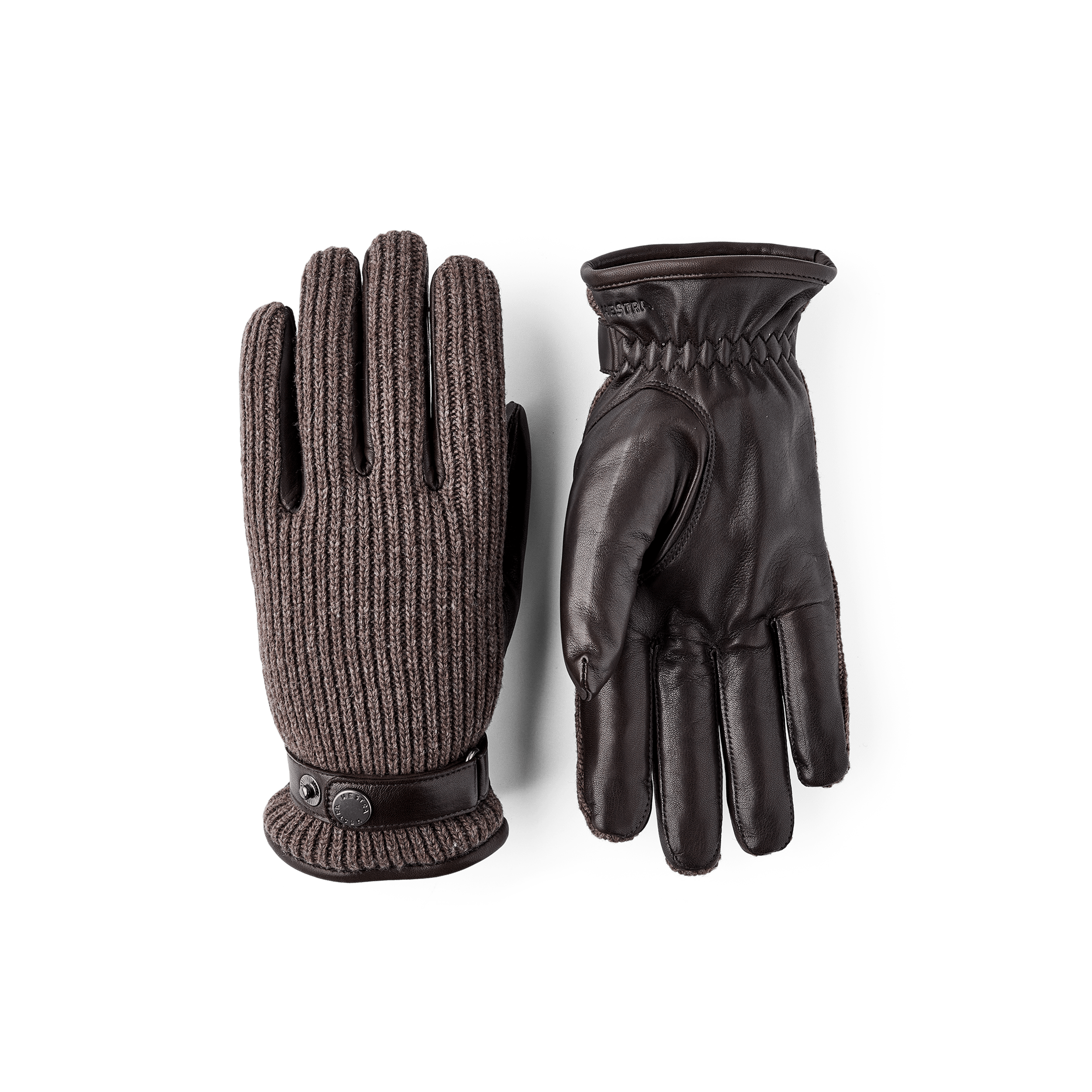 Dark brown machine-sewn hairsheep leather glove with brown ribbed wool back
 (1 of 5)