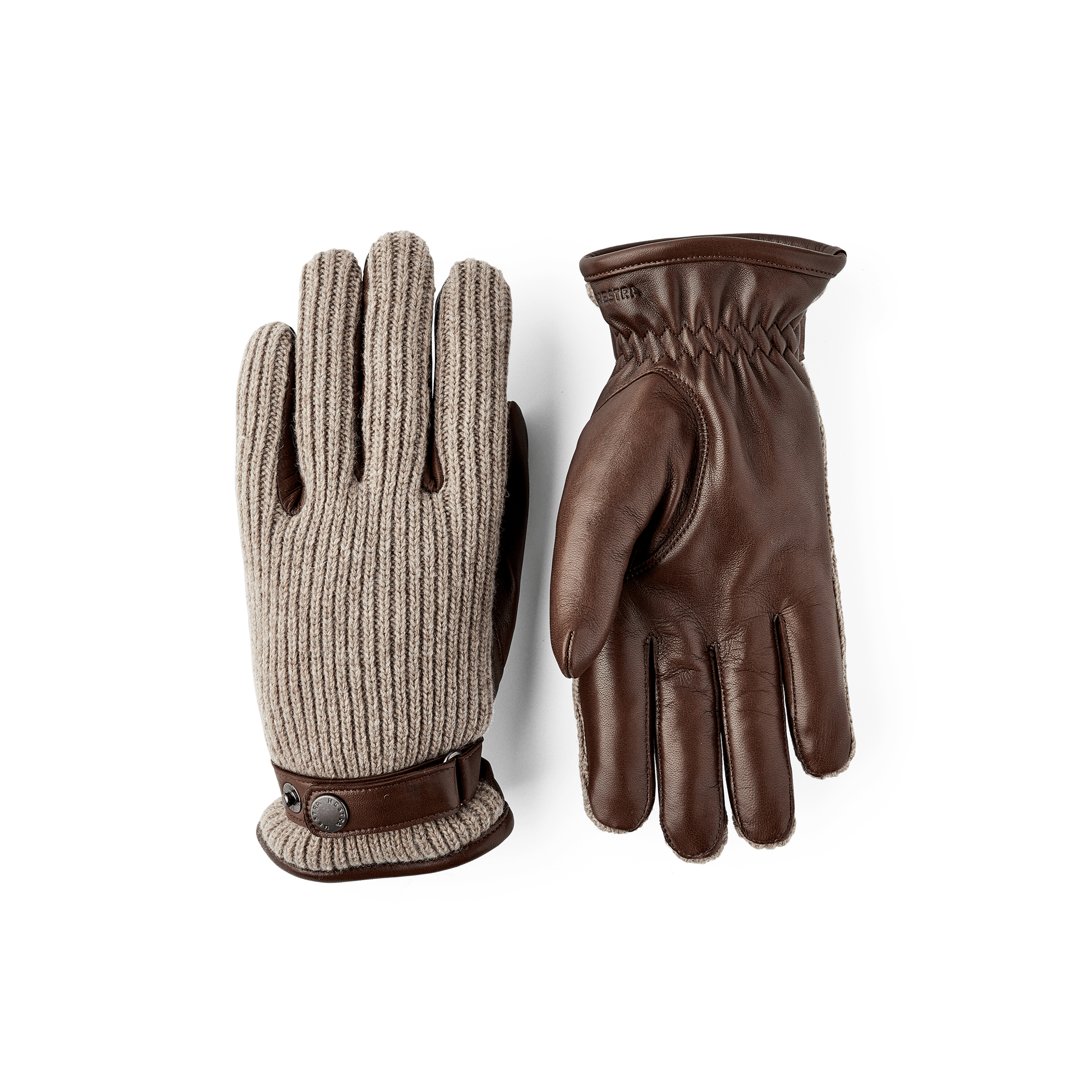 Ljusbrun maskinsydd handske i lammnappa med beige ribbstickad backhand i ull
 (1 av 5)